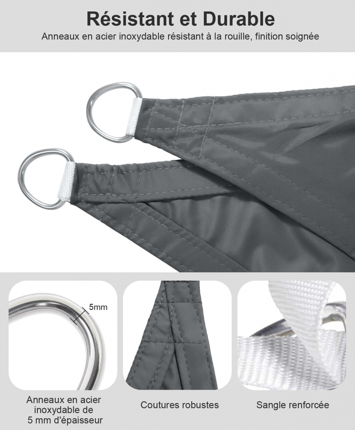 Voile d'ombrage 3x3m Rectangulaire Imperméable à l'eau PES Toile d'ombrage Anthracite avec 95% de Protection UV pour Patio Extérieur Jardin - 4