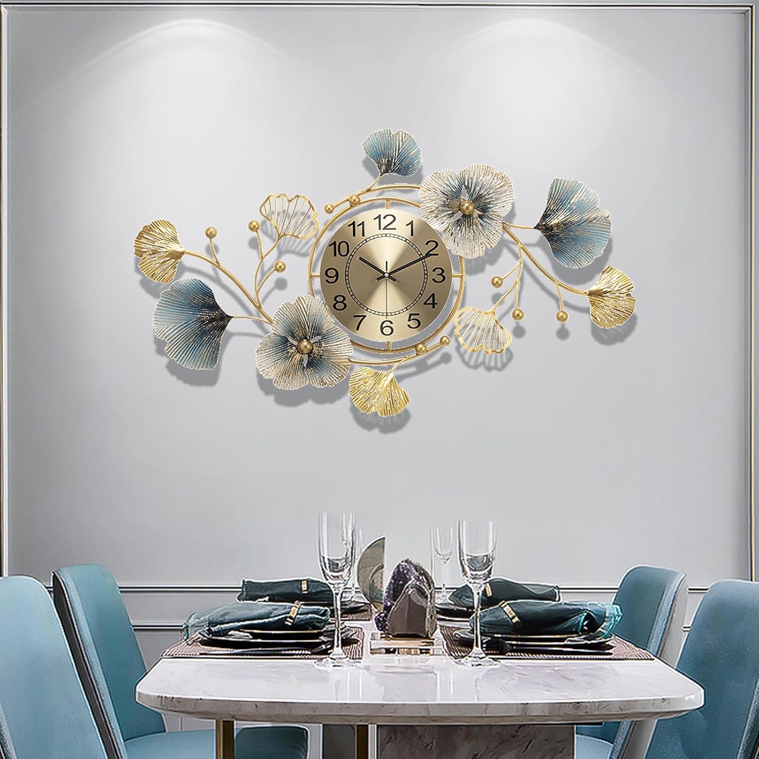 Orologio da parete in metallo Home Art, moderno orologio da parete al quarzo silenzioso per camera da letto, cucina, soggiorno, 83 x 48 cm - 5