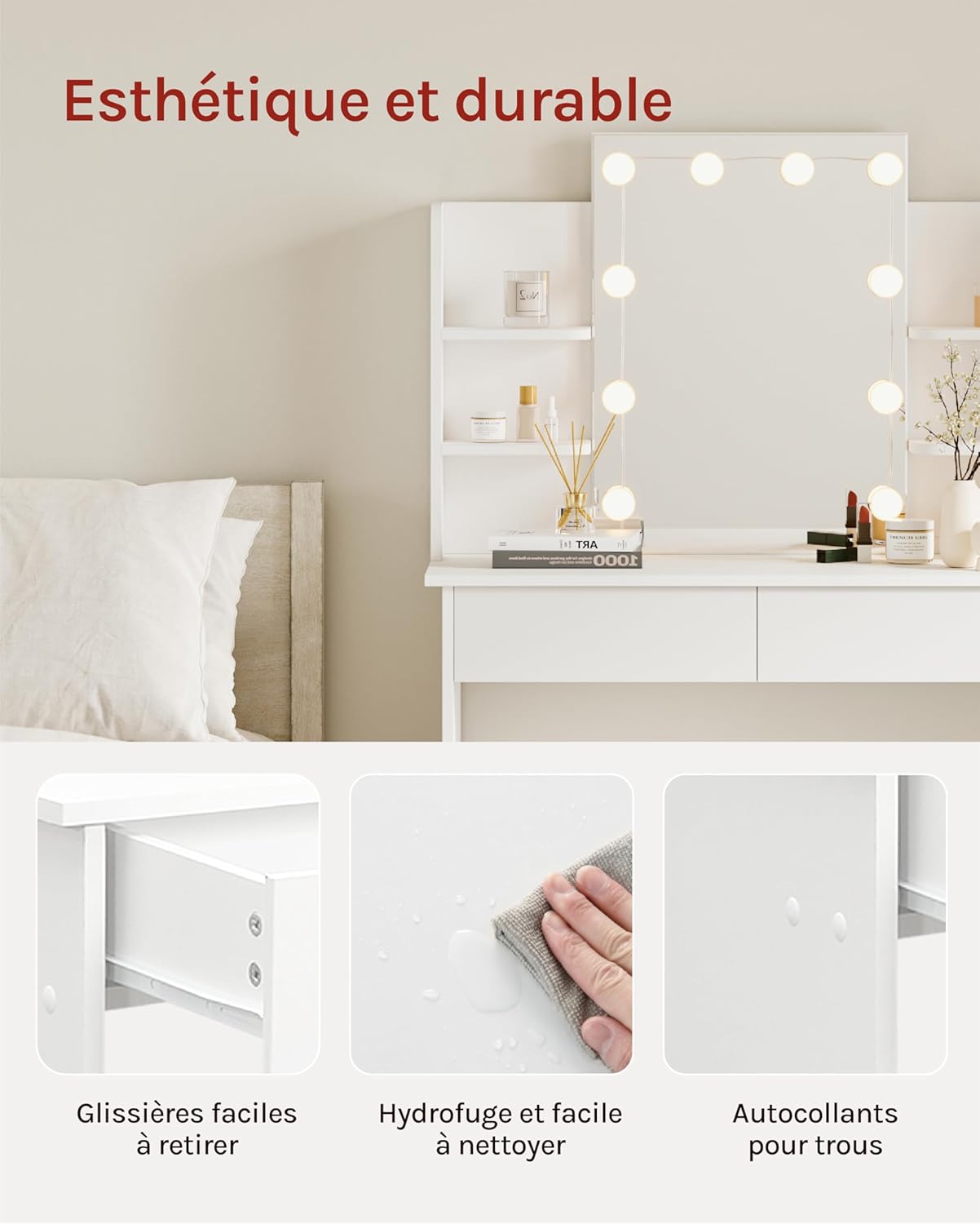 Coiffeuse avec miroir en MDF Blanc H. 135 x l. 40 x P. 40 cm - 5