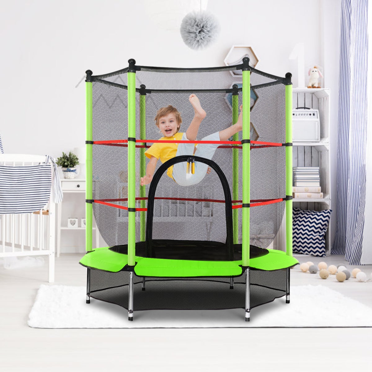 Trampolino Elastico Bambino in Acciaio, Tappeto Elastico Bambini da Esterno e da Interno, con Rete e Cusicnetti Antiscivolo (Verde, 165 x 165 - 7