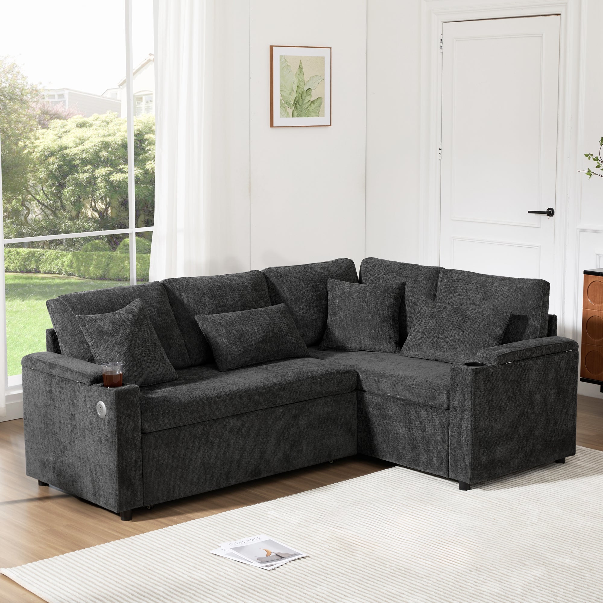 Rozkładana sofa narożna w kształcie litery L - ze schowkiem - z uchwytem na kubek - portem ładowania USB - z poduszkami - szara - 2