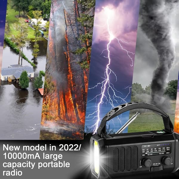 Radio de emergencia con linterna: radio de manivela con energía solar de 10 000 mAh, radio AM/FM/WB, alarma SOS, carga USB-C y brújula incorporada - 4