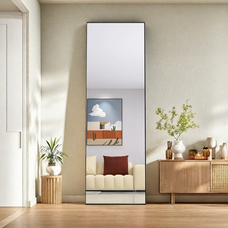 Miroir sur pied 162x53 cm, Miroir rectangulaire, Miroir de maquillage, Cadre en alliage d’aluminium, Verre trempé, pour chambre, dressing, Noir - 2