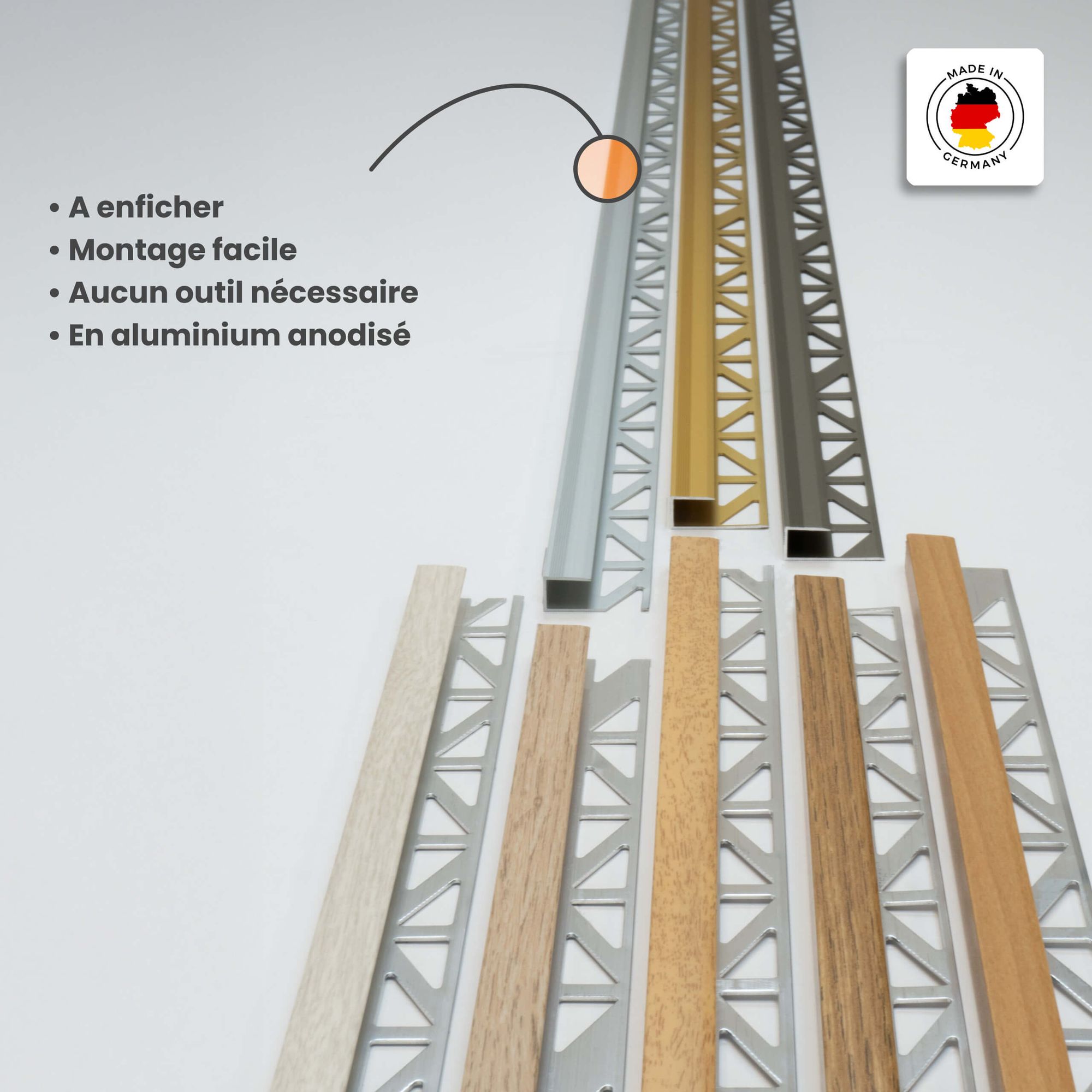 Profil de transition 100 cm pour revêtement 8 mm, à encastrer (carrelage), aluminium anodisé, chêne noble - Dalsys - 3