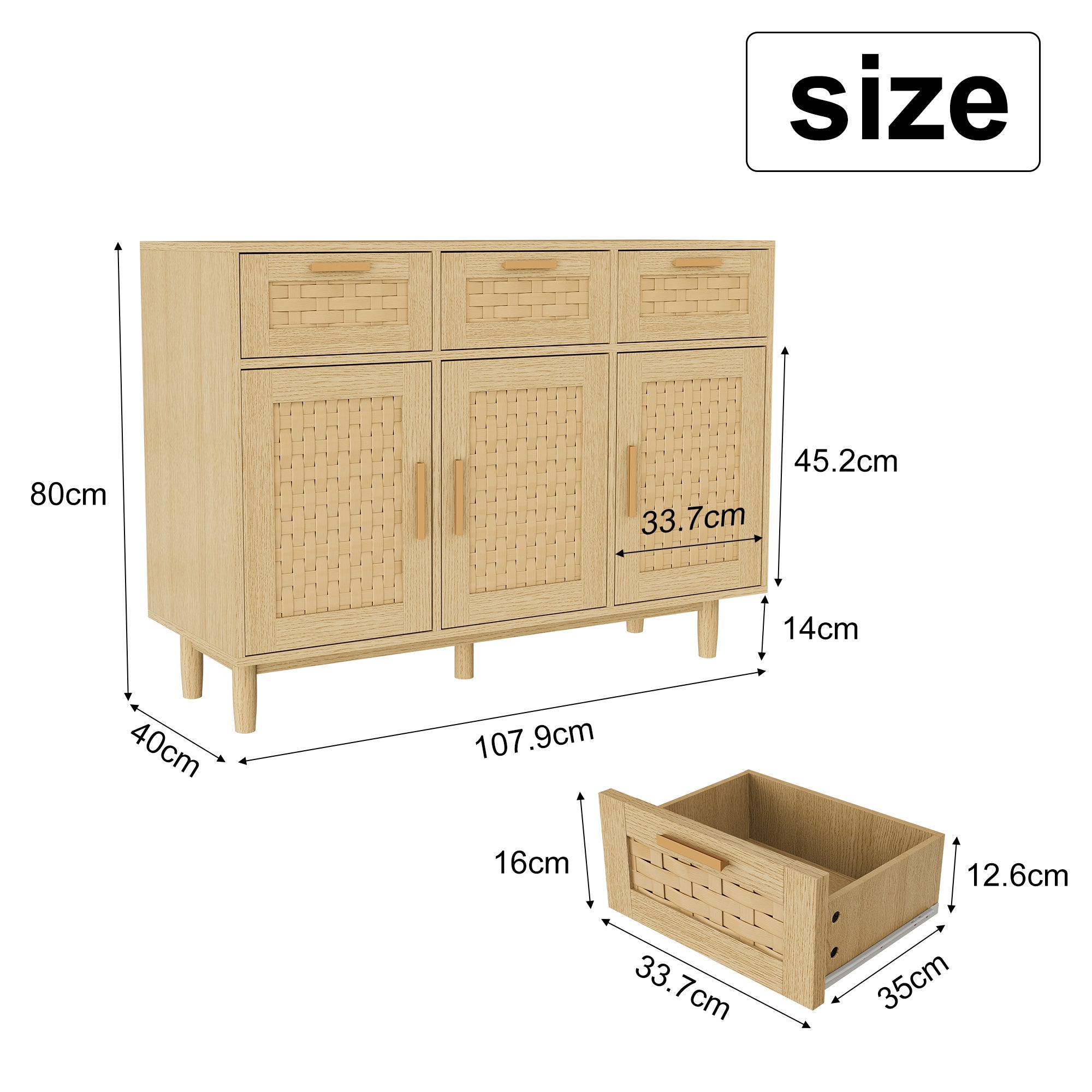 buffet, Meuble de rangement en rotin, meuble de cuisine à 3 tiroirs et 3 portes, commode, 108 x 40 x 80 cm, couleur chêne - 4