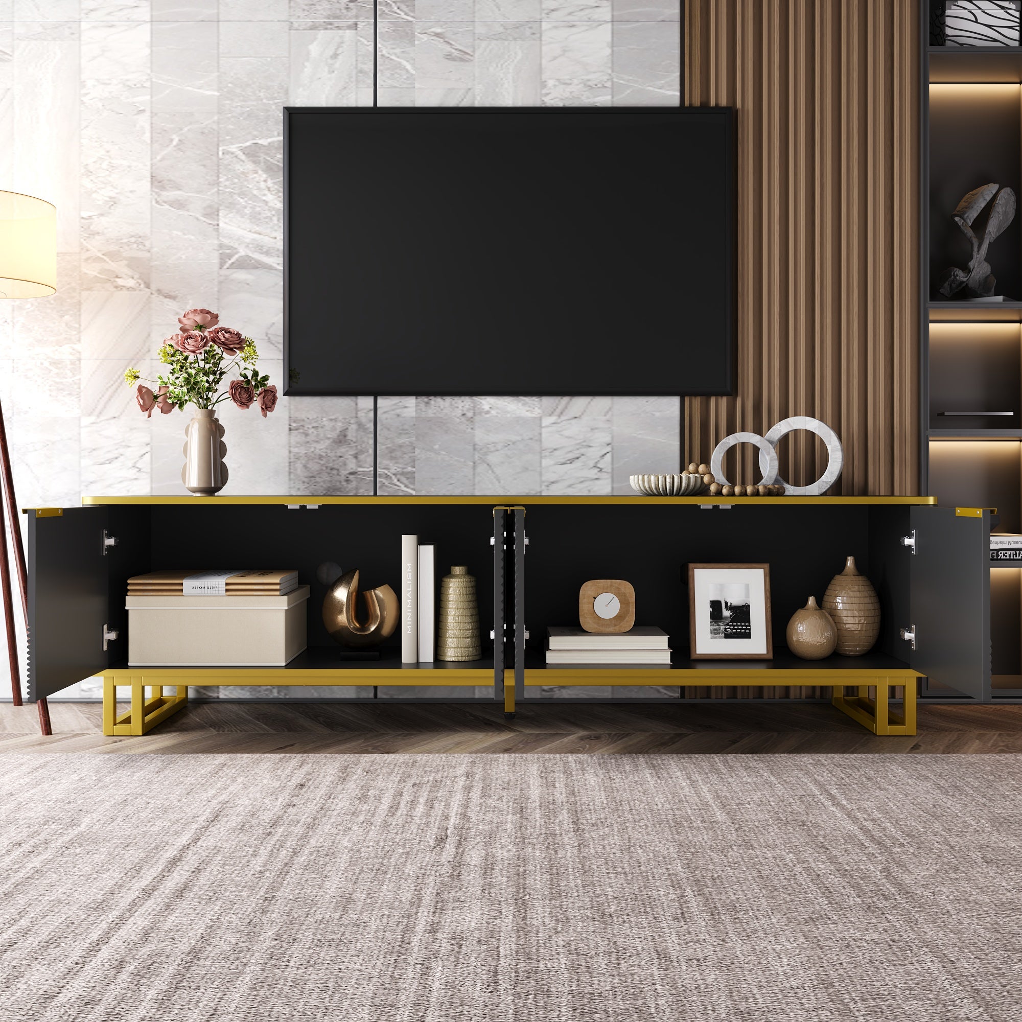 Stojak pod TV z 4 drzwiami - 160 x 37,5 x 48 cm - MDF i nogi z metalu w kolorze złotym - Czarny - 3