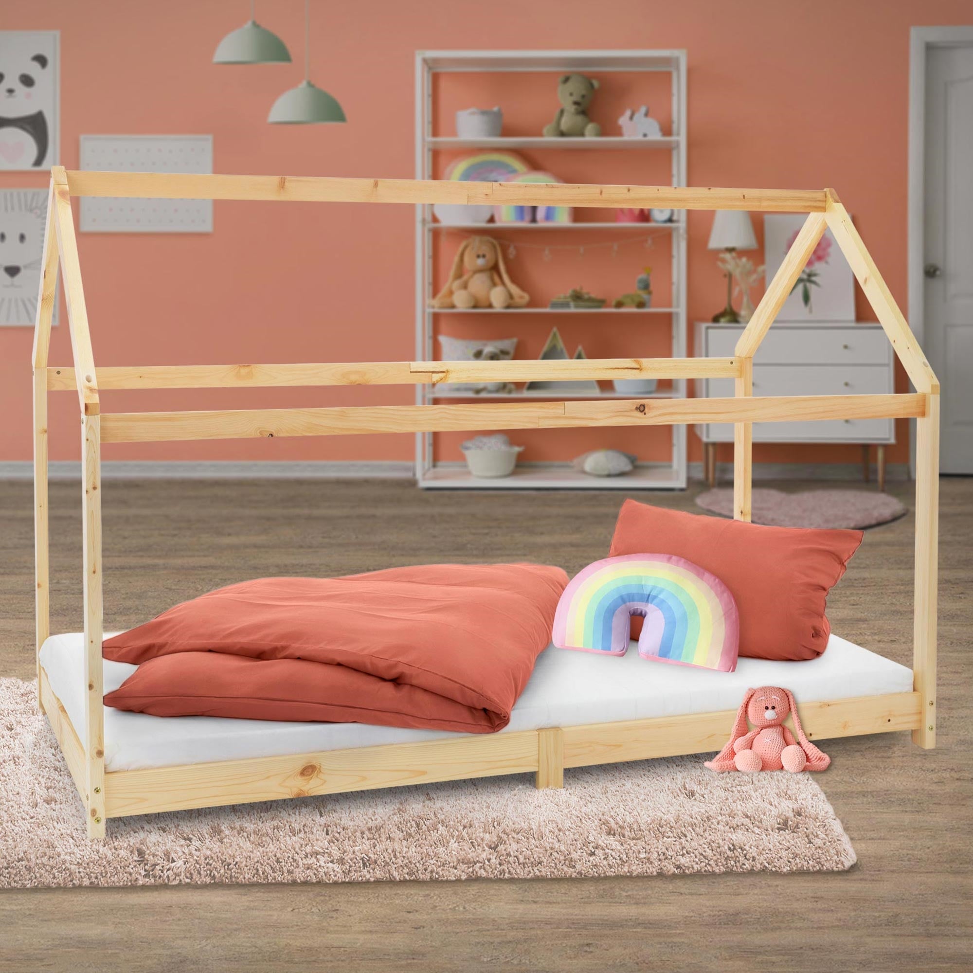 ML-Design łóżko domek 90x200 cm naturalne z dachem i stelażem listwowym z litego drewna sosnowego stabilne łóżko dziecięce dla chłopców i dziewczynek