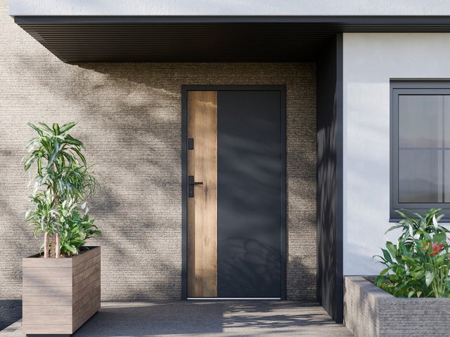 Porte d'entrée pleine en acier H207 x L100 cm - Anthracite et effet chêne - épaisseur 55 mm - poussant droit - MABENA