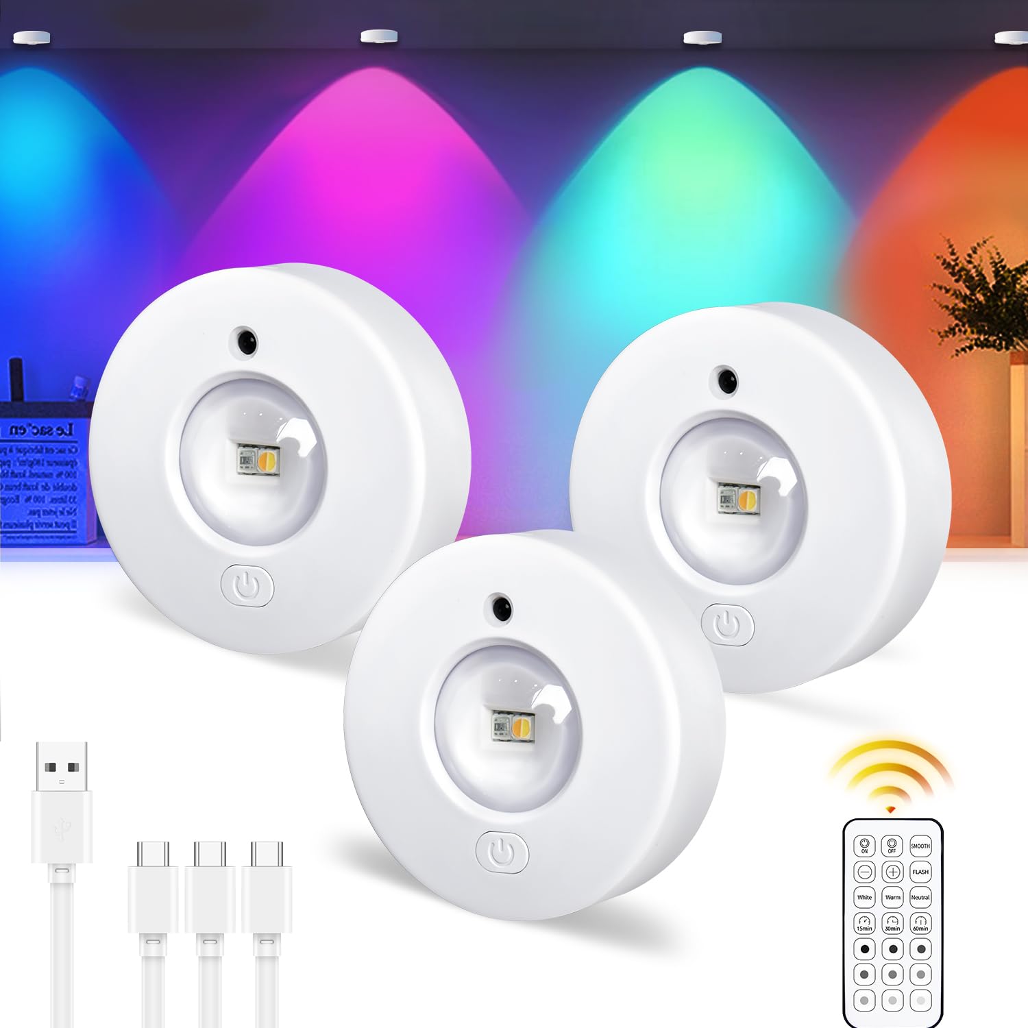 Iluminación de gabinete de 3 piezas, iluminación recargable por usb, luz de hockey con control remoto, luz tricolor + rgb