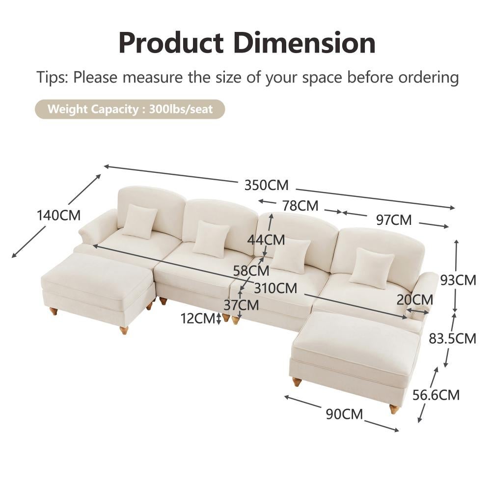 Divano modulare U 4 posti in chenille morbida con gonna removibile, braccioli a trombetta, gambe a spillo e pouf mobile –divano trasformabile 2 design - 3