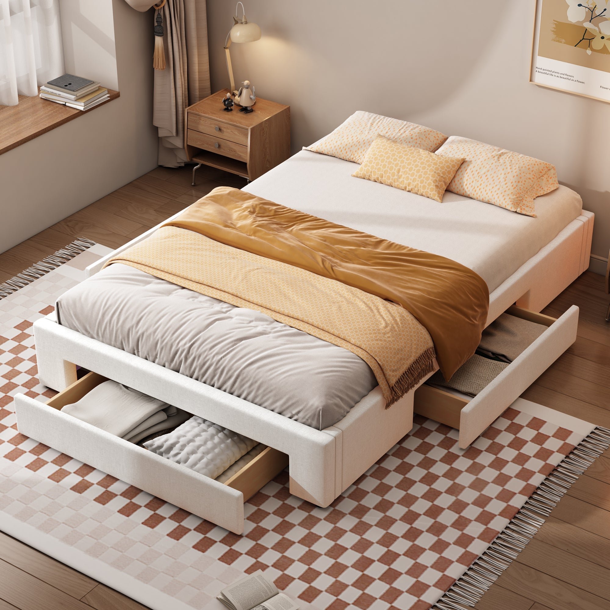 lit-140-x-200-cm-avec-3-tiroirs-sans-t-te-de-lit-tissu-lin