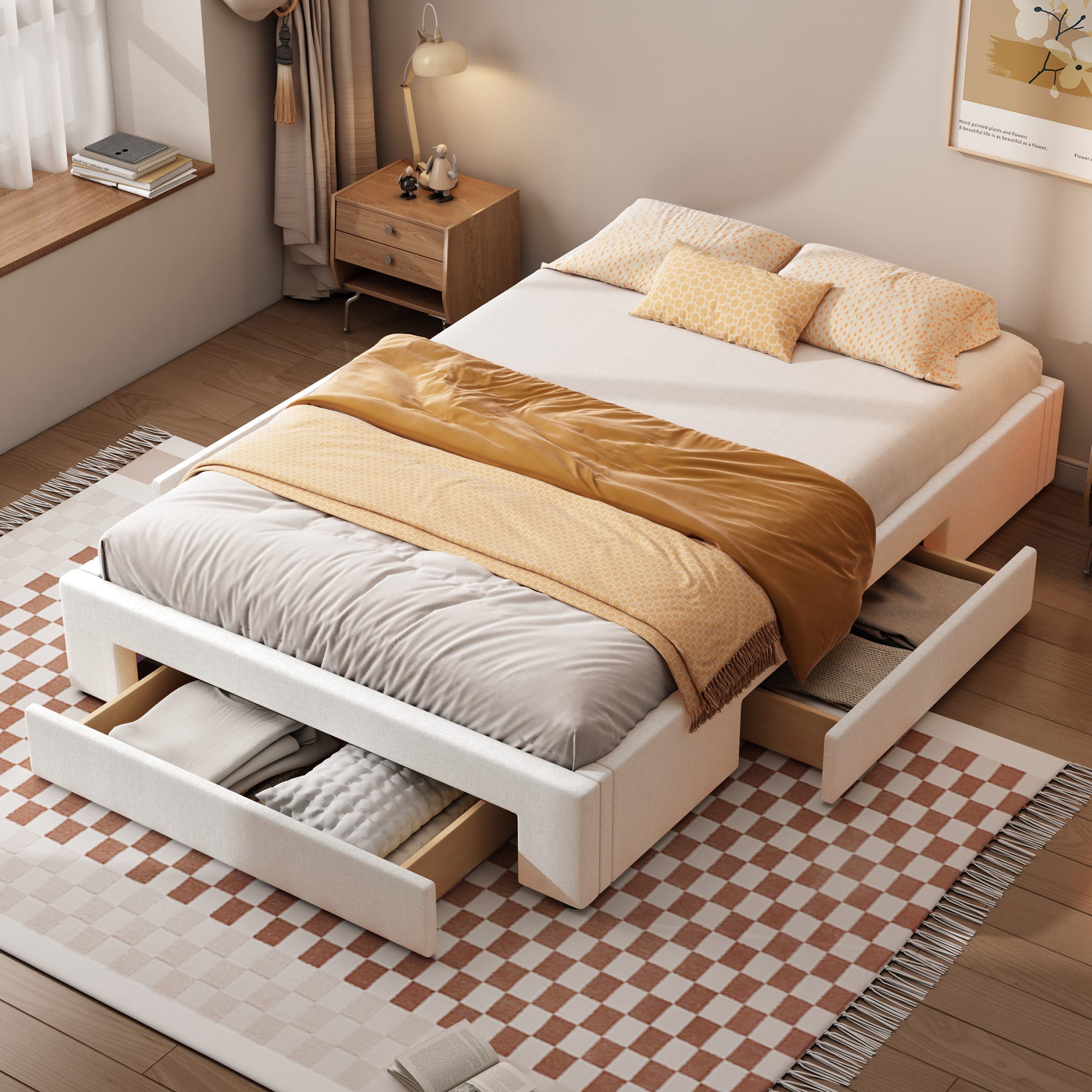 Lit 140 X 200 Cm Avec 3 Tiroirs Sans T te De Lit Tissu Lin lit-140-x-200-cm-avec-3-tiroirs-sans-t-te-de-lit-tissu-lin