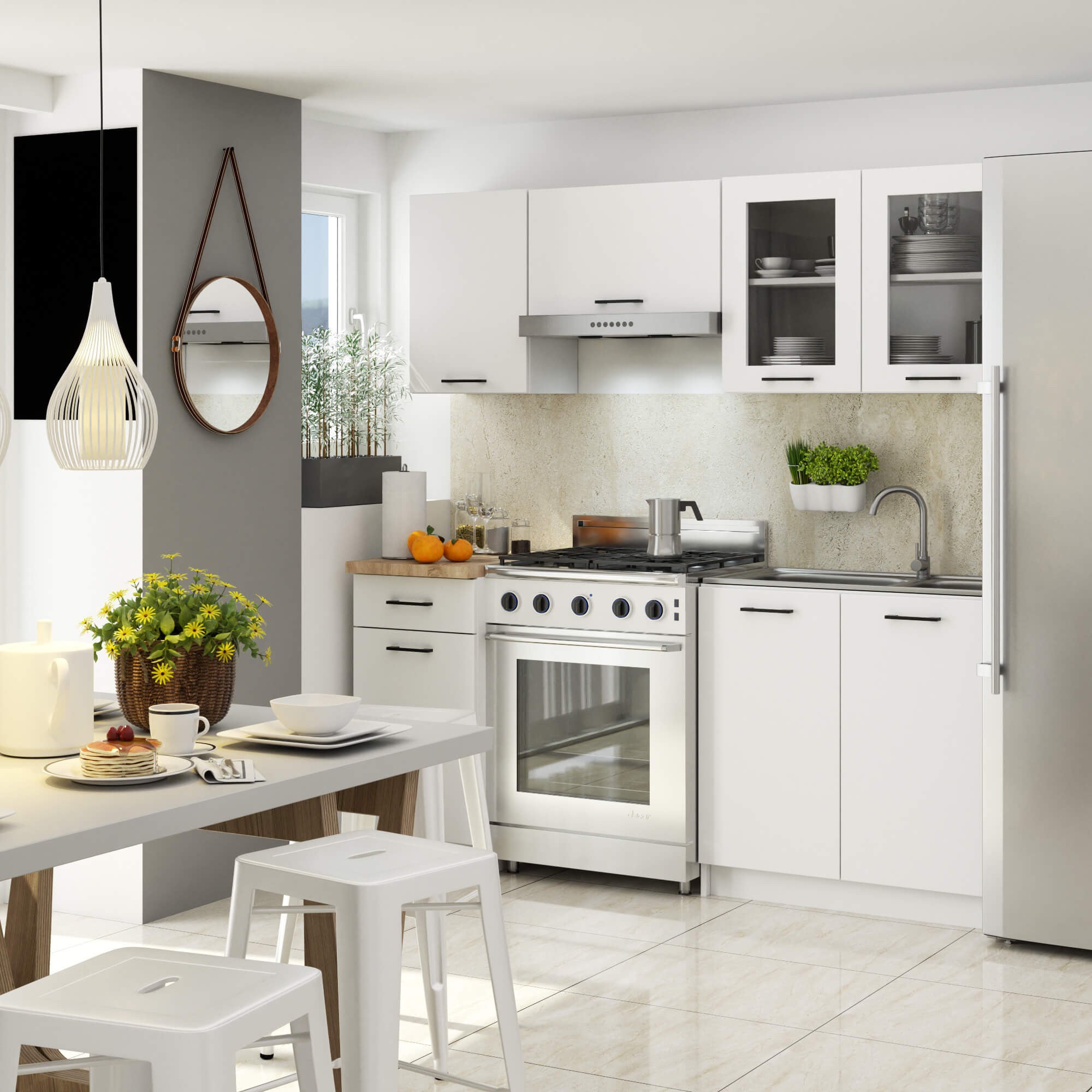 Ensemble de cuisine vitré AKORD OLIWIA 1.8m Blanc 180 cm 7 portes 1 tiroir façade Blanche 8 étagères 180x46x203 cm - 2