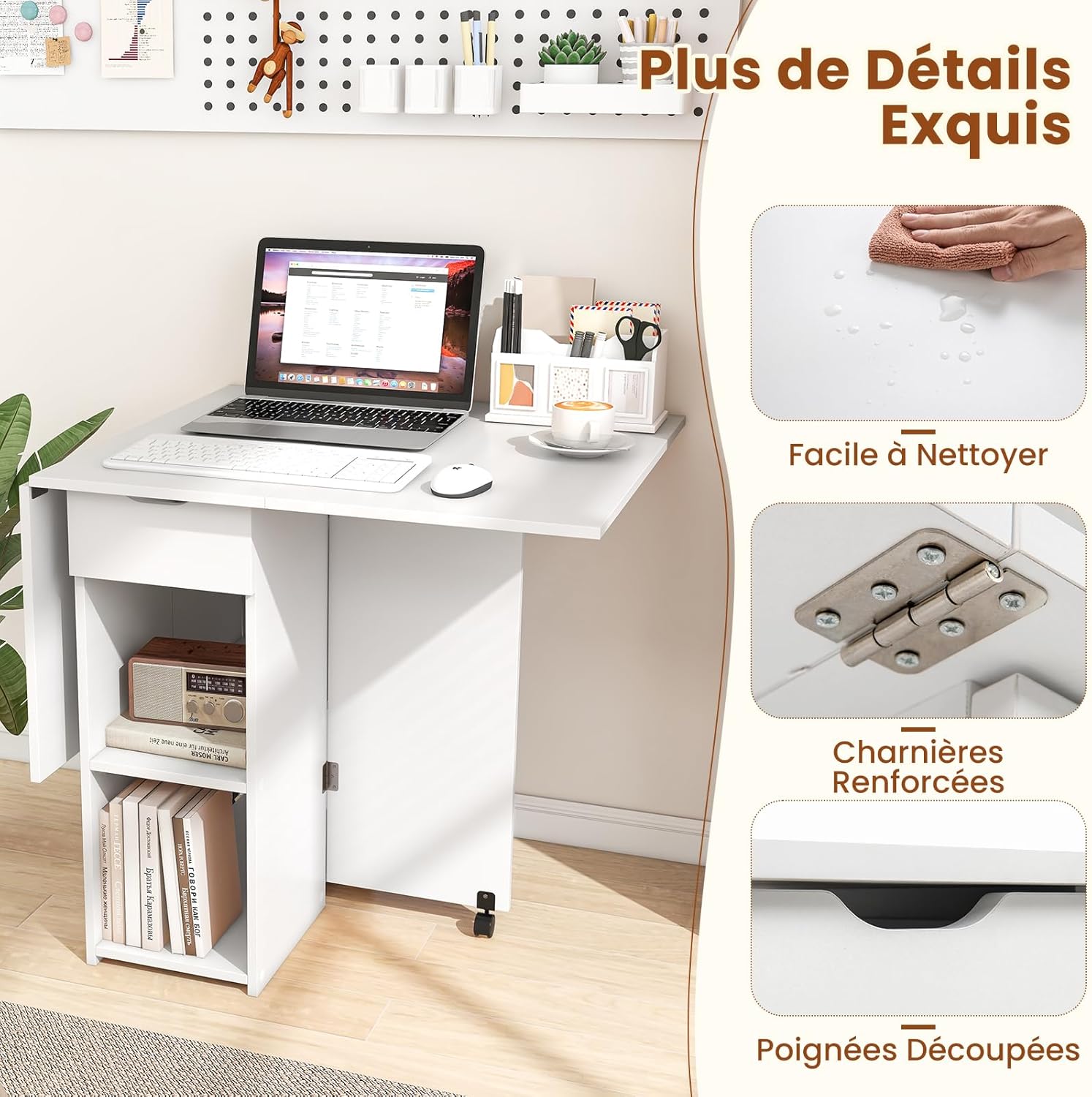 Składany Stół Mobilny z 2 Kółkami, 2-Stopniową Półką i Szufladą - Do Jadalni, Kuchni, Małego Salonu (Biały) - 7