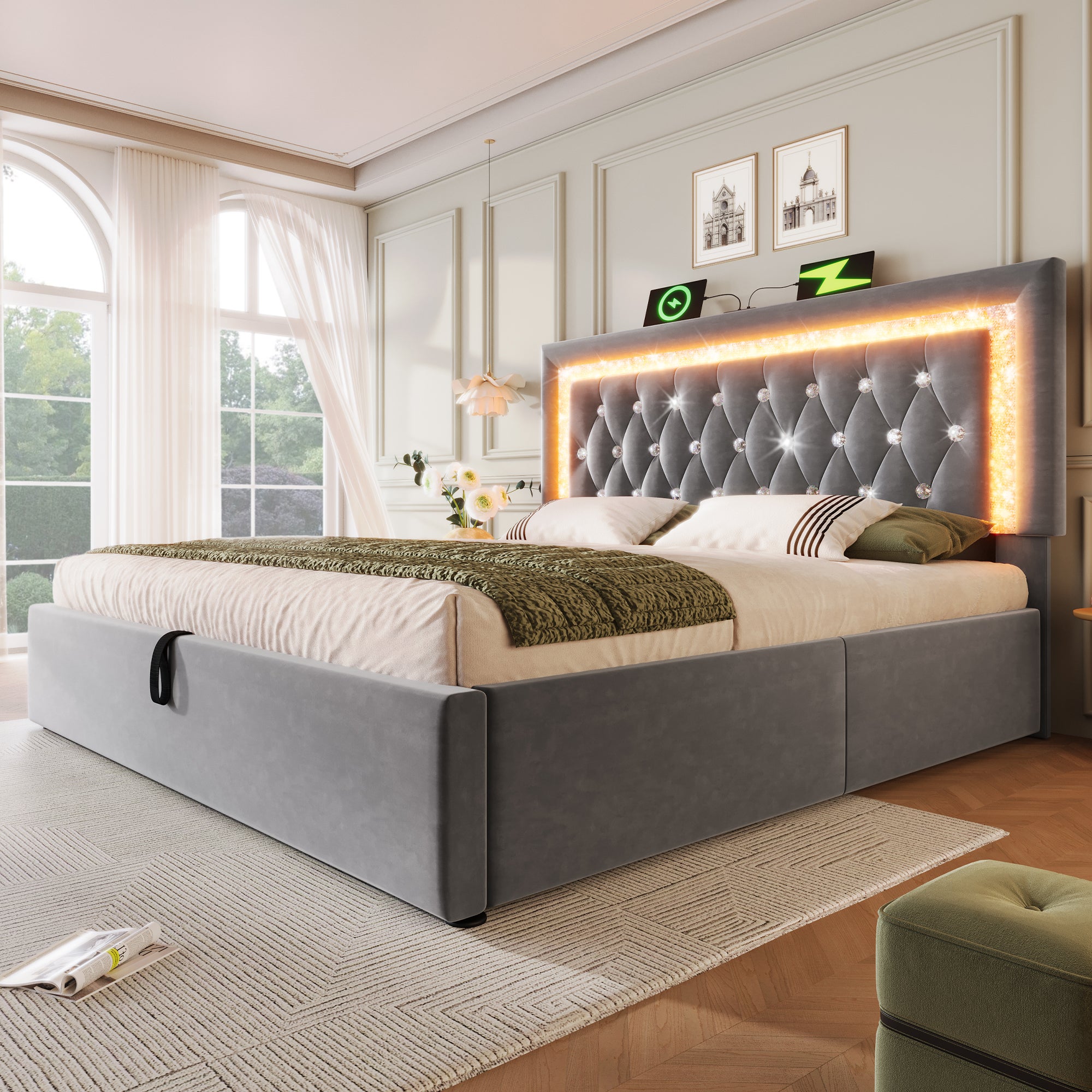 Łóżko tapicerowane z pojemnikiem 180x200 cm z aksamitu - z oświetleniem LED - z portami USB i typu C - z podstawą z listew - szare - 2