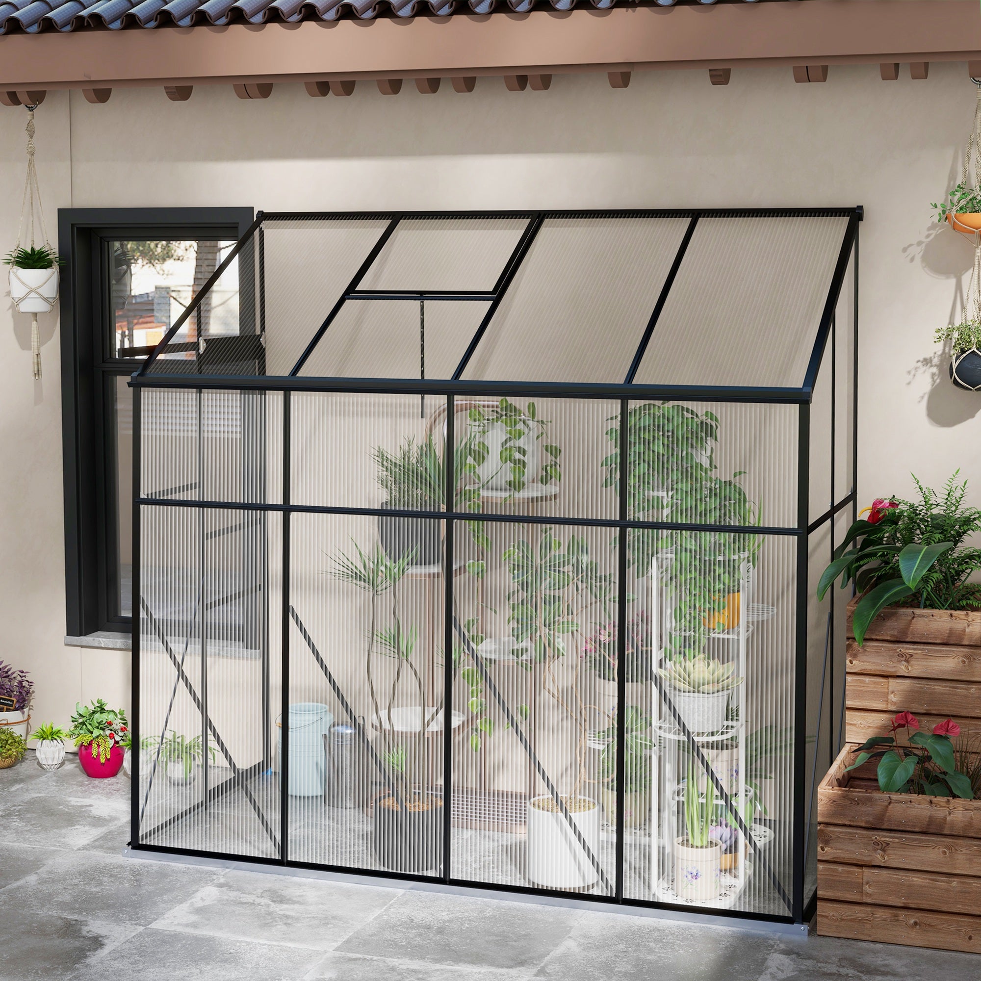 Serre adossée, serre de jardin polycarbonate, avec porte coulissante, évent de toit, fondation, 127 x 253 x 240 cm noir - 3
