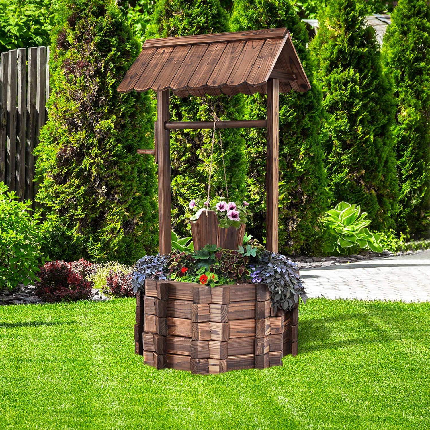 Pozzo Decorativo da Giardino, Fioriera in Legno d'Abete con Pozzo, Secchio e Tetto, Resistente alle Intemperie, Effetto Invecchiamento,57 x 57 x 114cm - 9