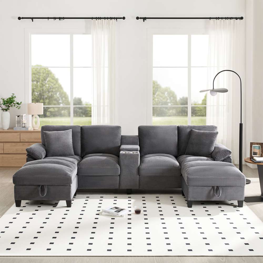 Czteroosobowa sofa w kształcie litery U z miejscem do przechowywania, gruba tkanina welurowa, podłokietniki z uchwytami na kubki i dwa porty USB