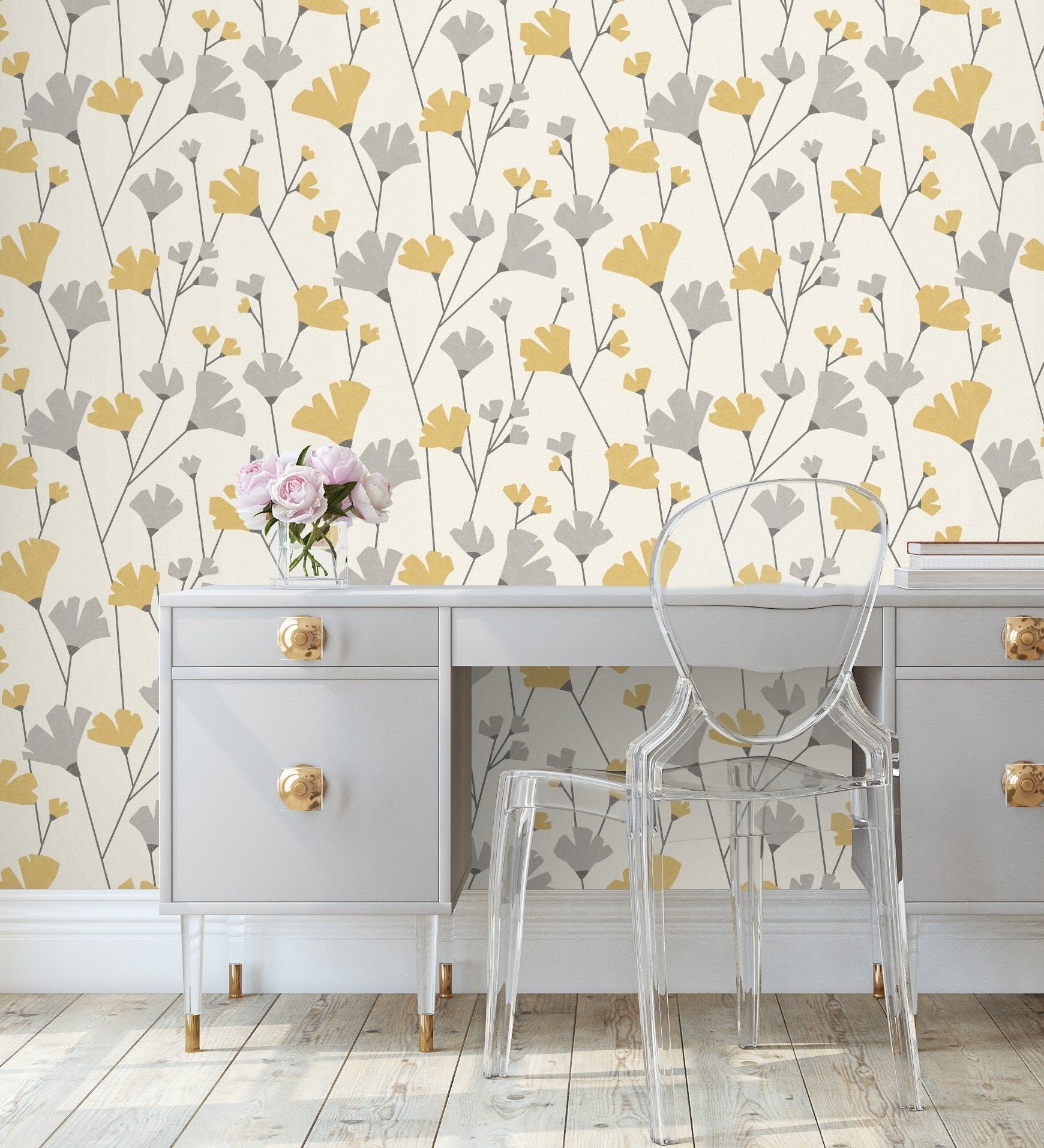 Papel pintado lavable de flores silvestre gris y mostaza estilo nórdico - Sophie Garden 680923 de GAULAN - Rollo de 10 m x 0,53 m - 8