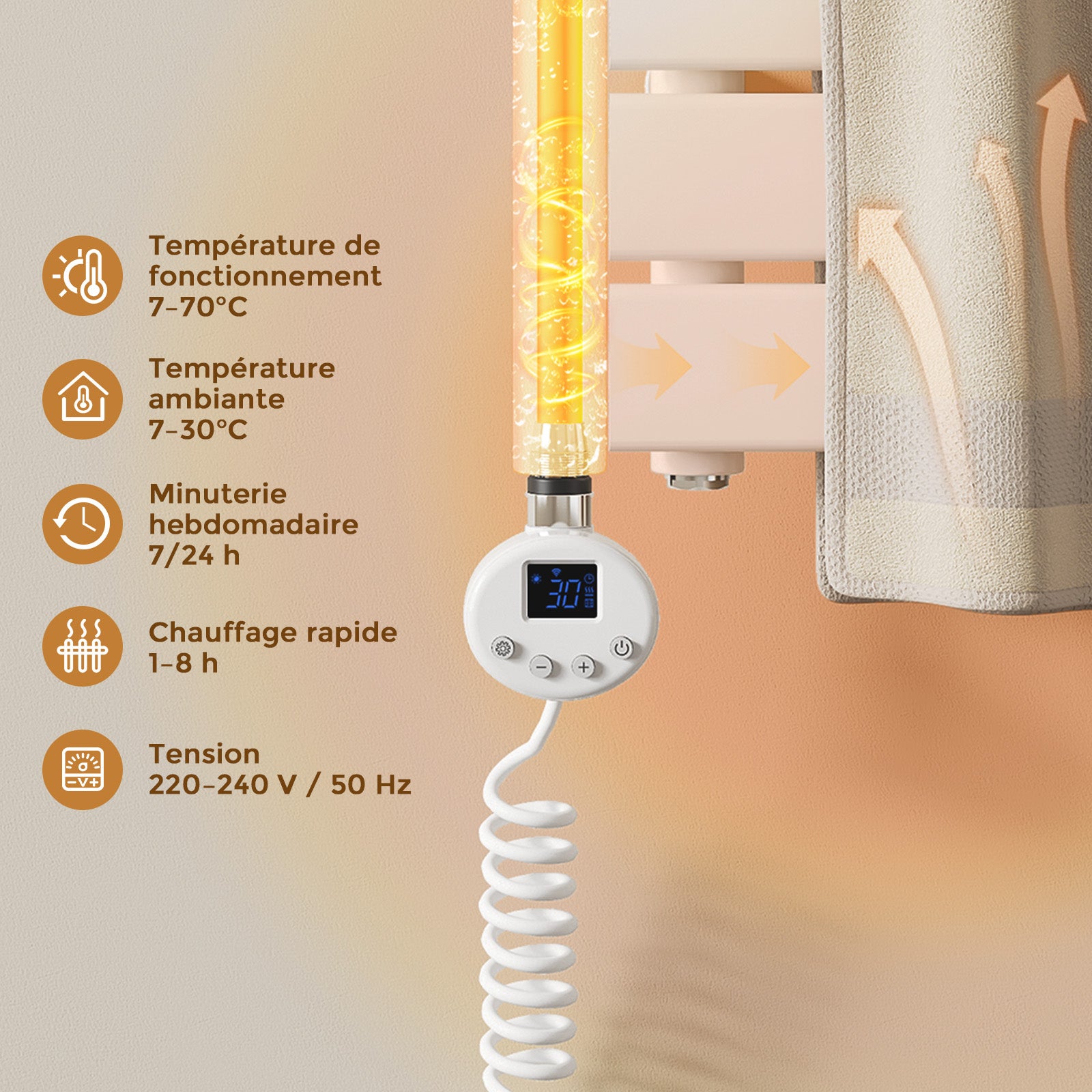 Résistance sèche-serviettes connectée WiFi avec thermostat intelligent – Élément chauffant programmable 900W, commande vocale, Blanc, S'AFIELINA - 7