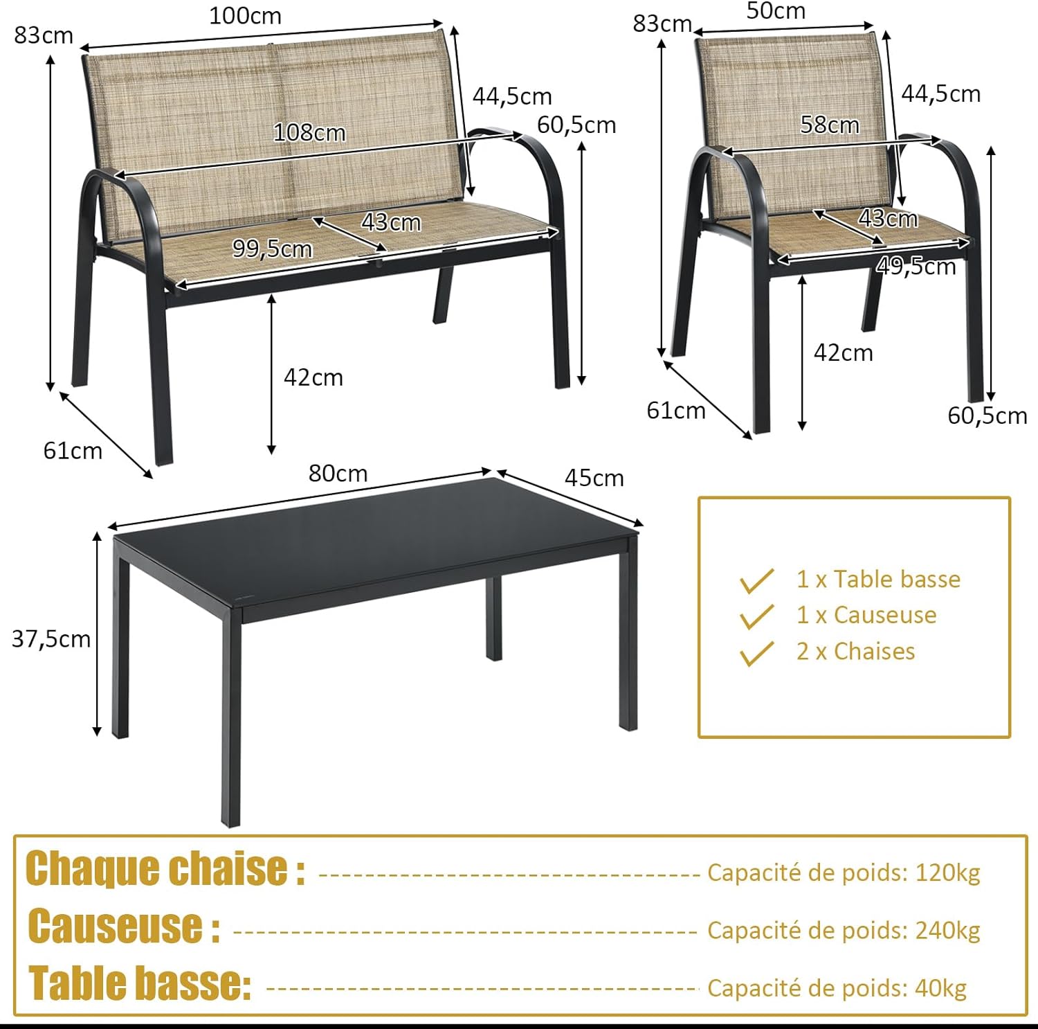 Ensemble Salon de Jardin 4 Pièces en Métal, 2 Fauteuils, Ensemble de Meubles de Patio(Marron) - 4