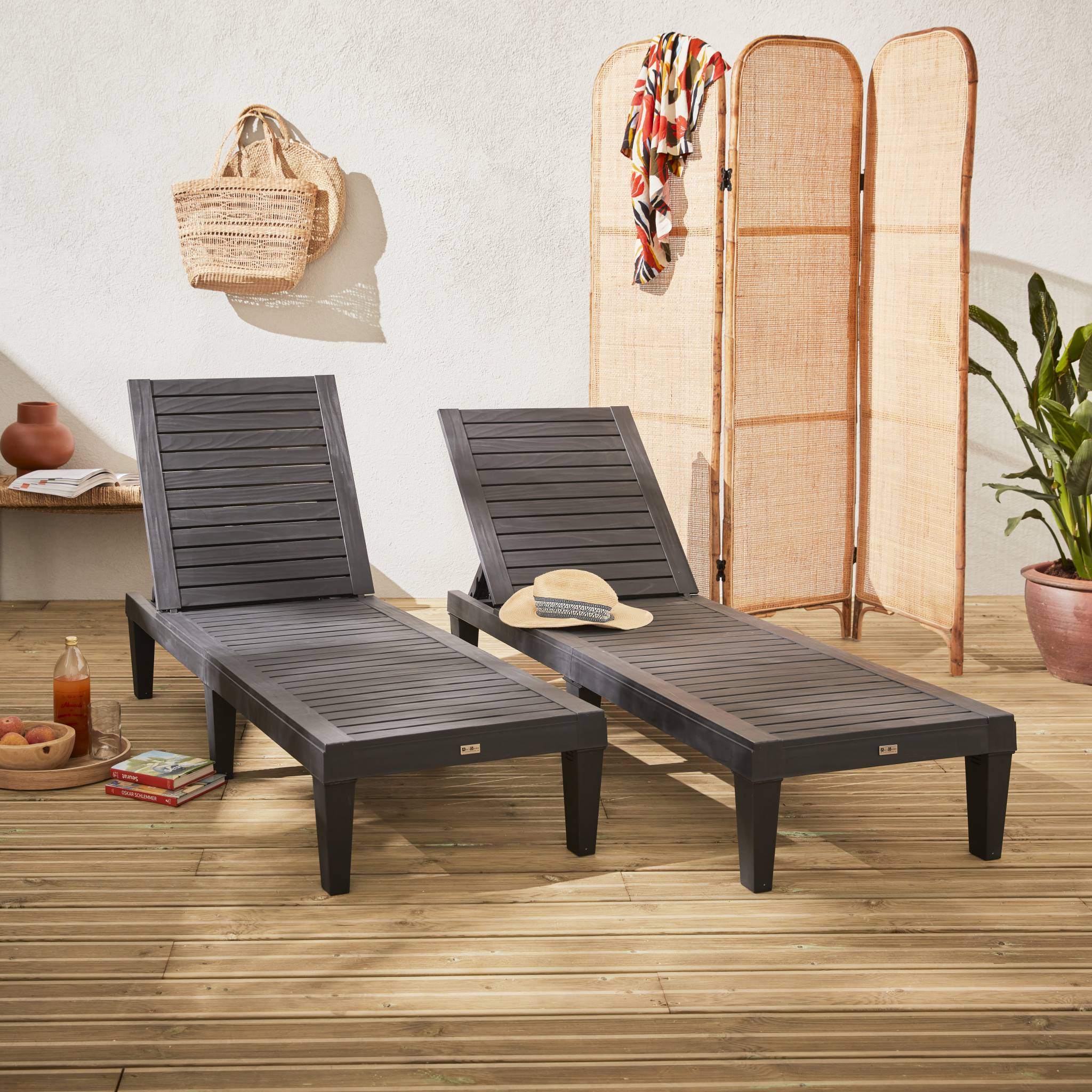 Lot de 2 bains de soleil. PIA. transats multi positions. en plastique. noir PIA - 2