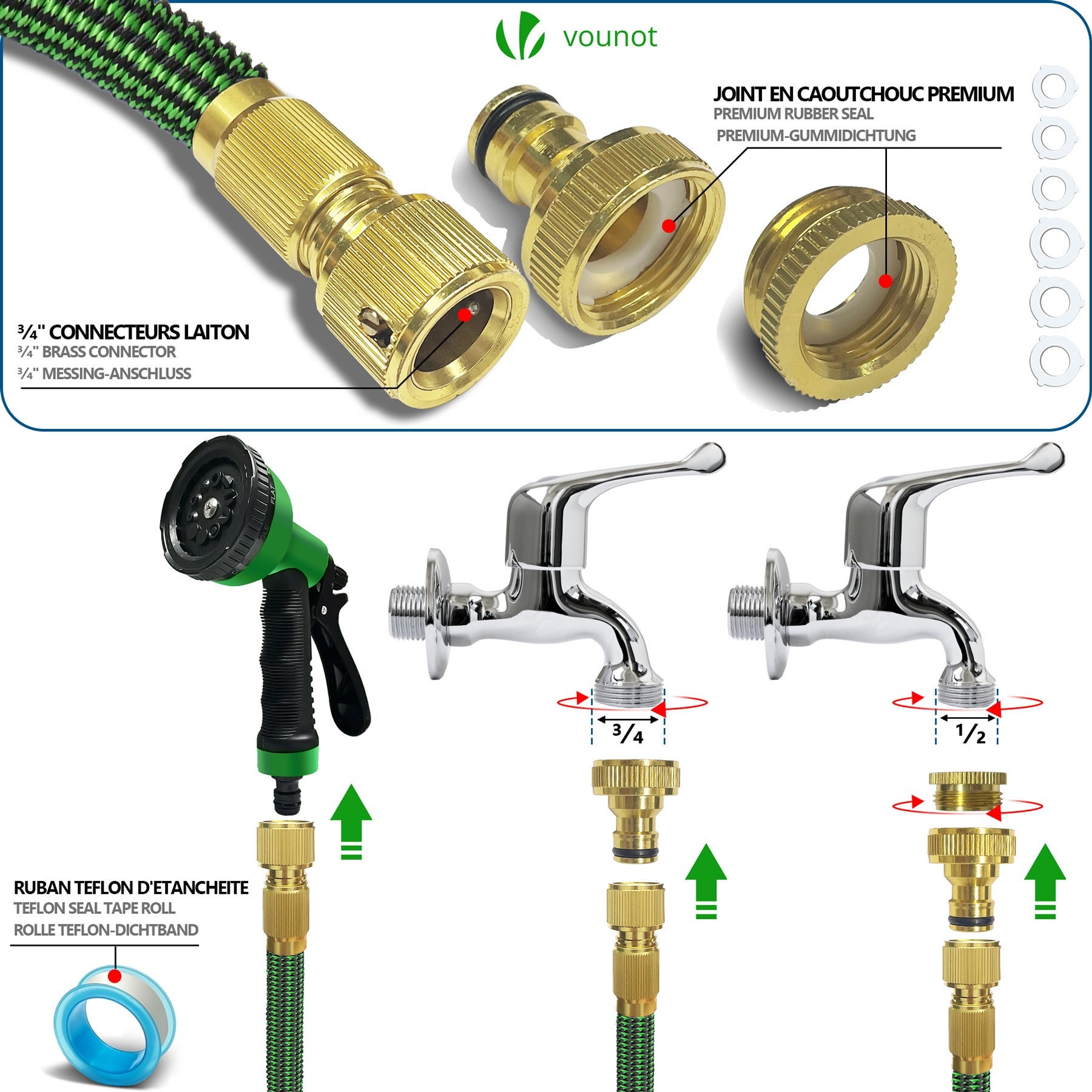 Tuyau d'arrosage extensible renforcé 30m vert - 10 modes - raccord et sac de rangement inclus - flexible, anti-fuite - VOUNOT® - 4