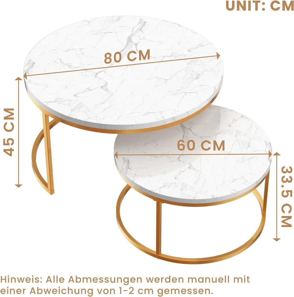 Table basse gigogne ronde, lot de 2, table basse gigogne blanche, cadre en métal doré, placage de marbre - 4