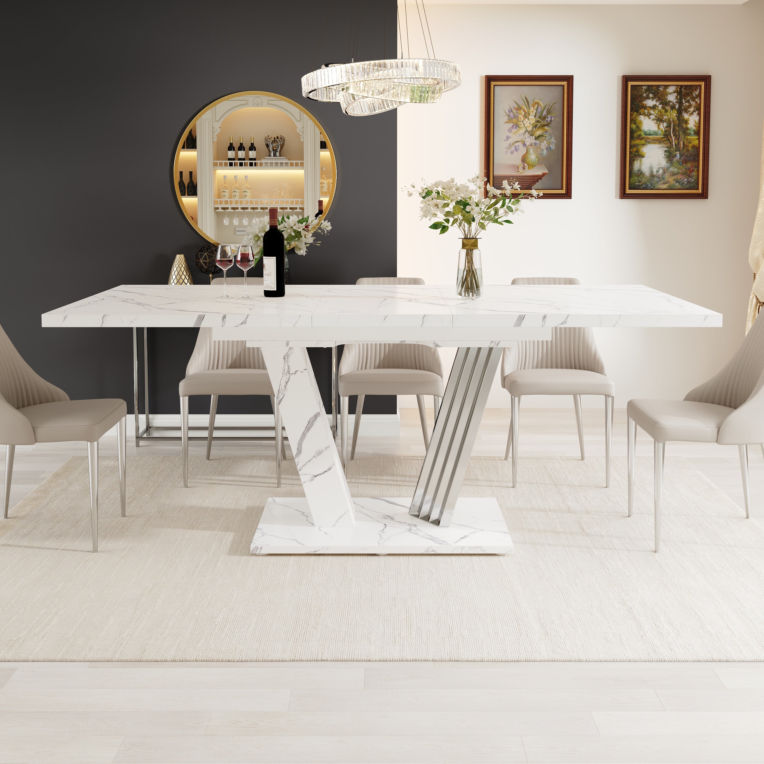 Rozkładany stół jadalny dla 4-6 osób - 120/160 x 80 x 76 cm - Płyta MDF z nogami w kształcie skrzydeł - Blat imitujący marmur - Biały - 2