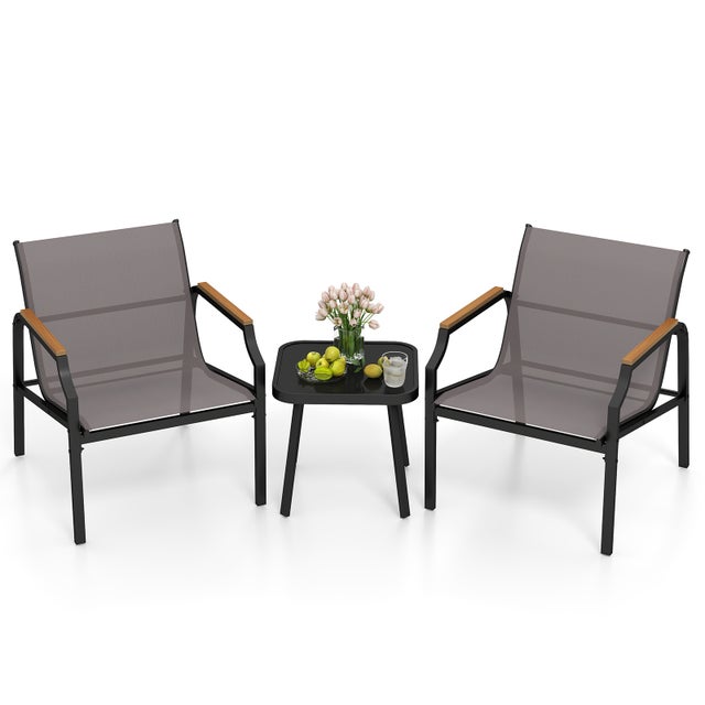 Salon de Jardin, Ensemble de 2 Chaises et Table avec Cadre Métallique, Siège en Tissu Respirant et Accoudoirs en Bois-Plastique
