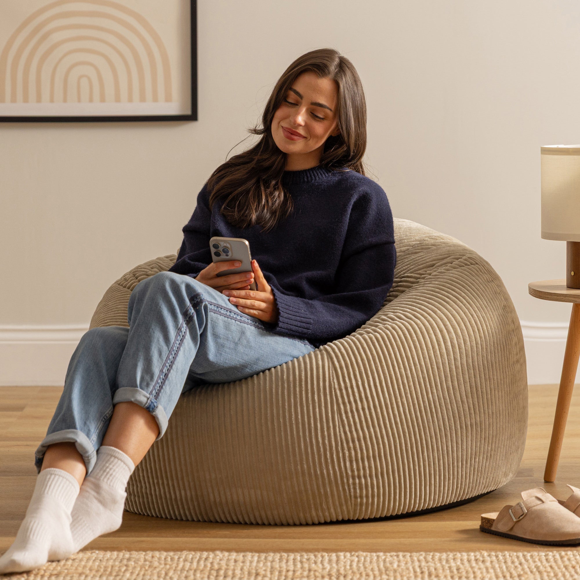Lot de 2 poufs fauteuil Icon velours côtelé beige galet, salon, chambre, 85x85cm ,Made in Allemagne, Oeko-Tex® - 3