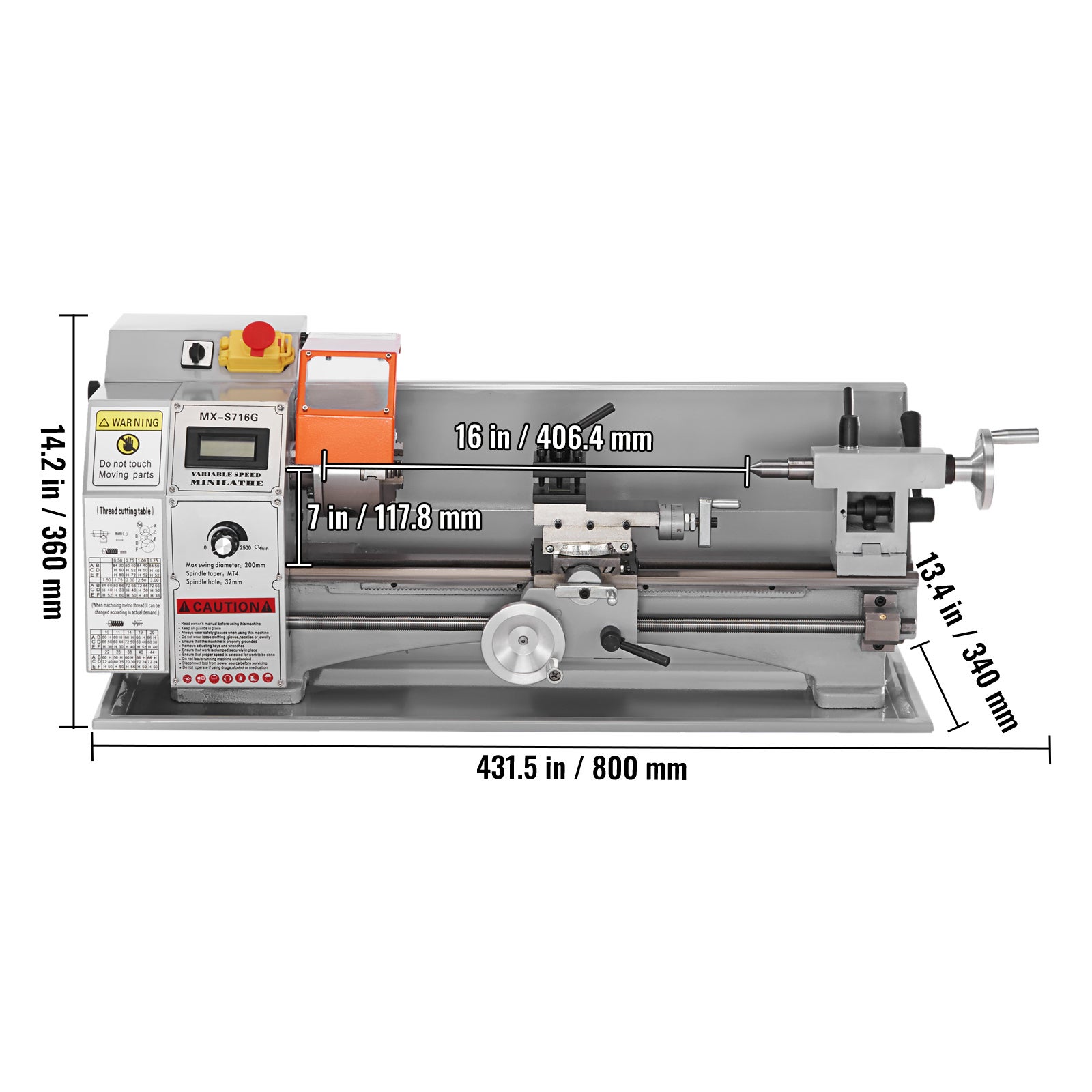 Tour à métaux 7'' x 16'',SucceBuy Tour d'établi de précision 800W,vitesse variable 150-2500 RPM,mandrin à 3 mâchoires 3.9'' Boîte à outils - 2