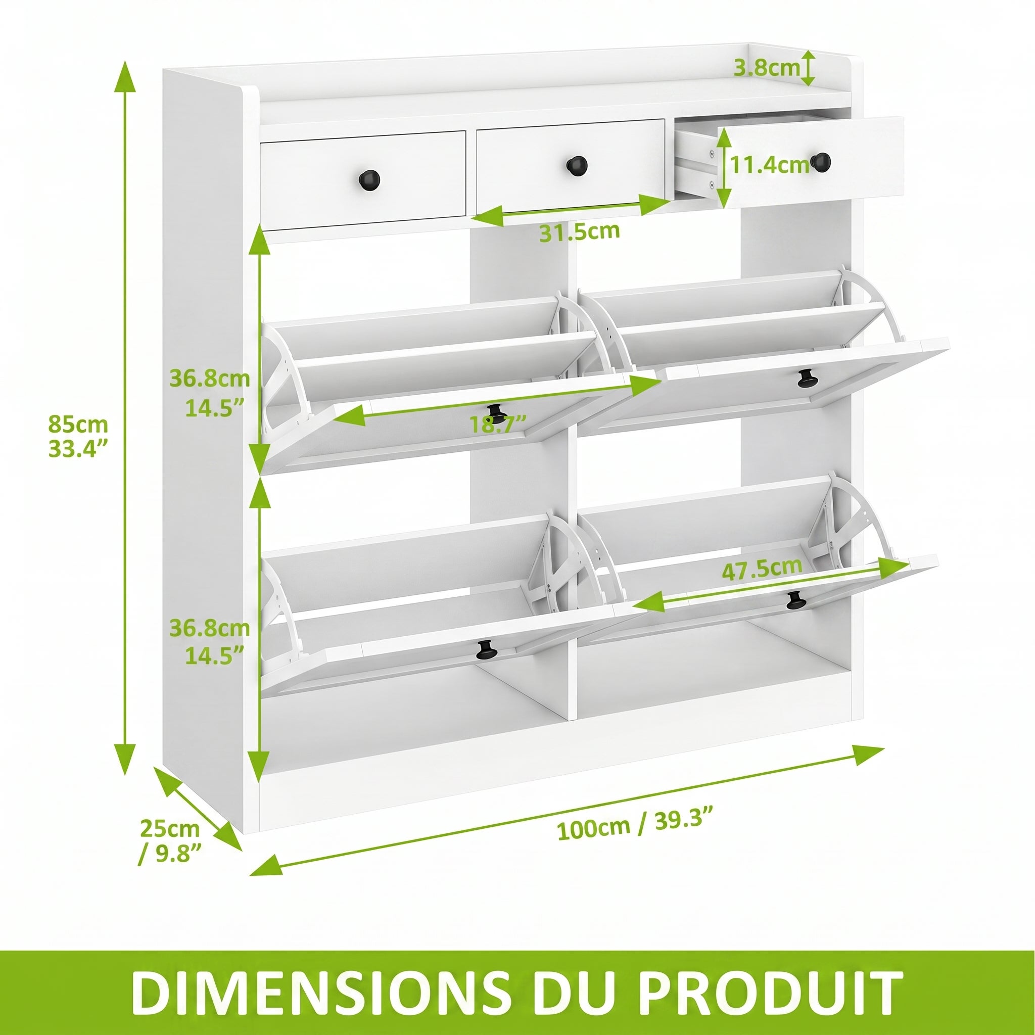 Meuble à chaussures YITAHOME pour 24 paires de chaussures, 4 tiroirs dont 3 en tissu, 25 x 100 x 85 cm (H), blanc - 2