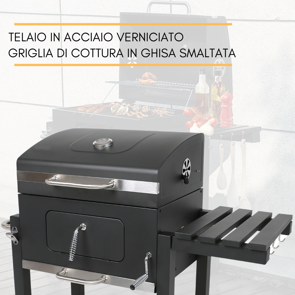 Barbecue a Carbonella Grill BBQ a Carbone Doppia Griglia con Coperchio e Termometro, Ruote e Ripiano, Apribottiglie, in Acciaio e Ghisa da Giardino - 5
