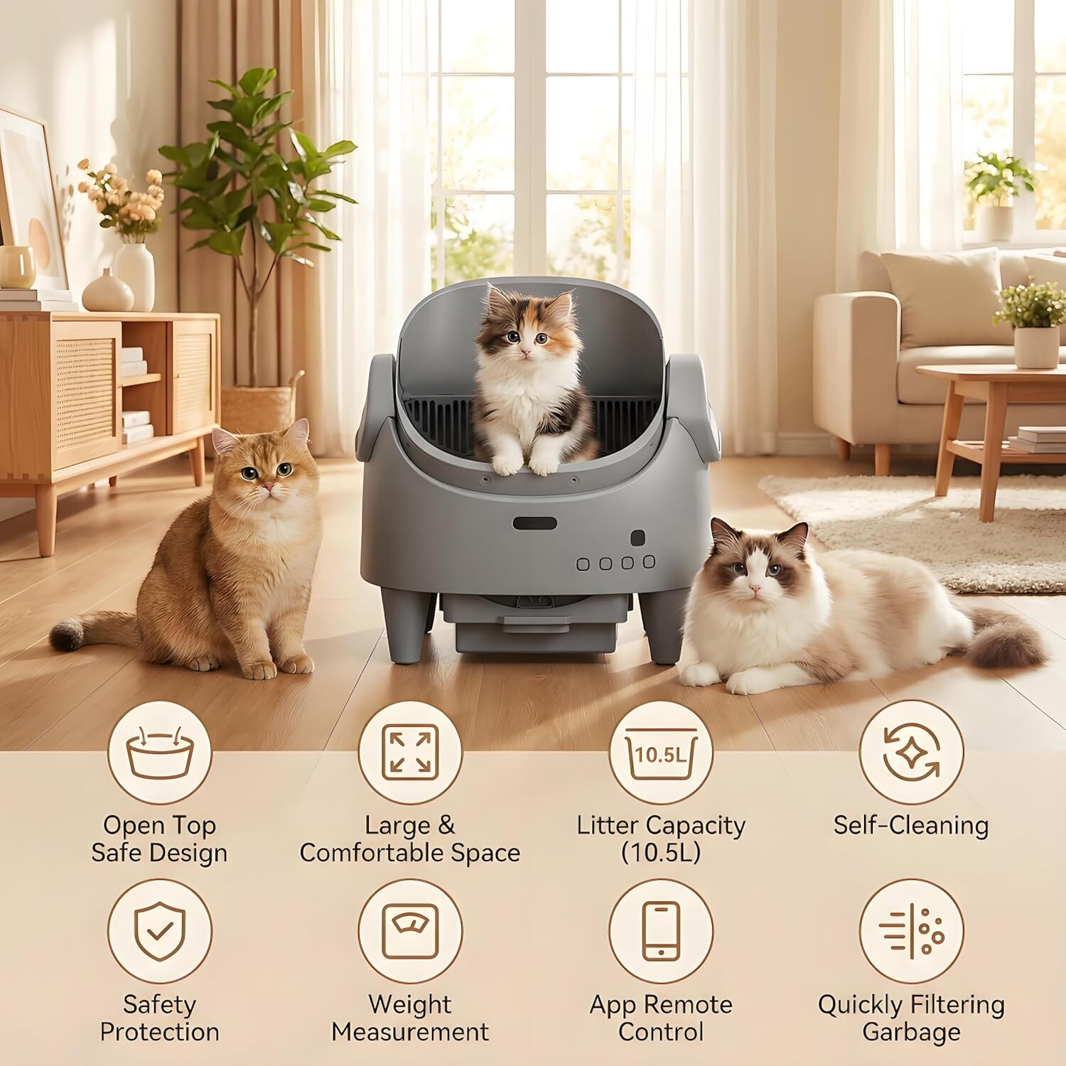 Caixa de Areia Automática para Gatos, Controlo por APP, 12 Sensores Segurança, Antiodores, 8L - 7