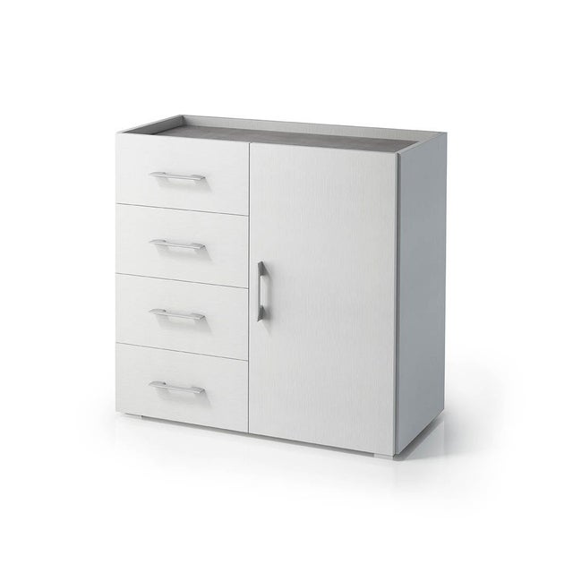 Armoire blanche avec porte et tiroirs et plateau gris ciment
