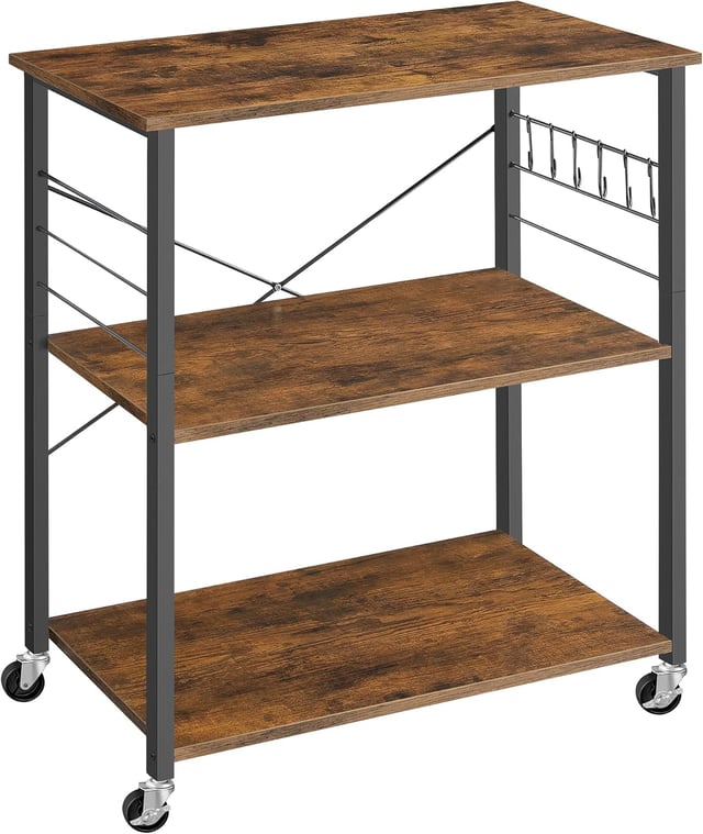 Carrello da Cucina con Rotelle, 3 Ripiani, Scaffale per Microonde, Forno, Tostapane, 6 Ganci, Marrone Vintage e Nero