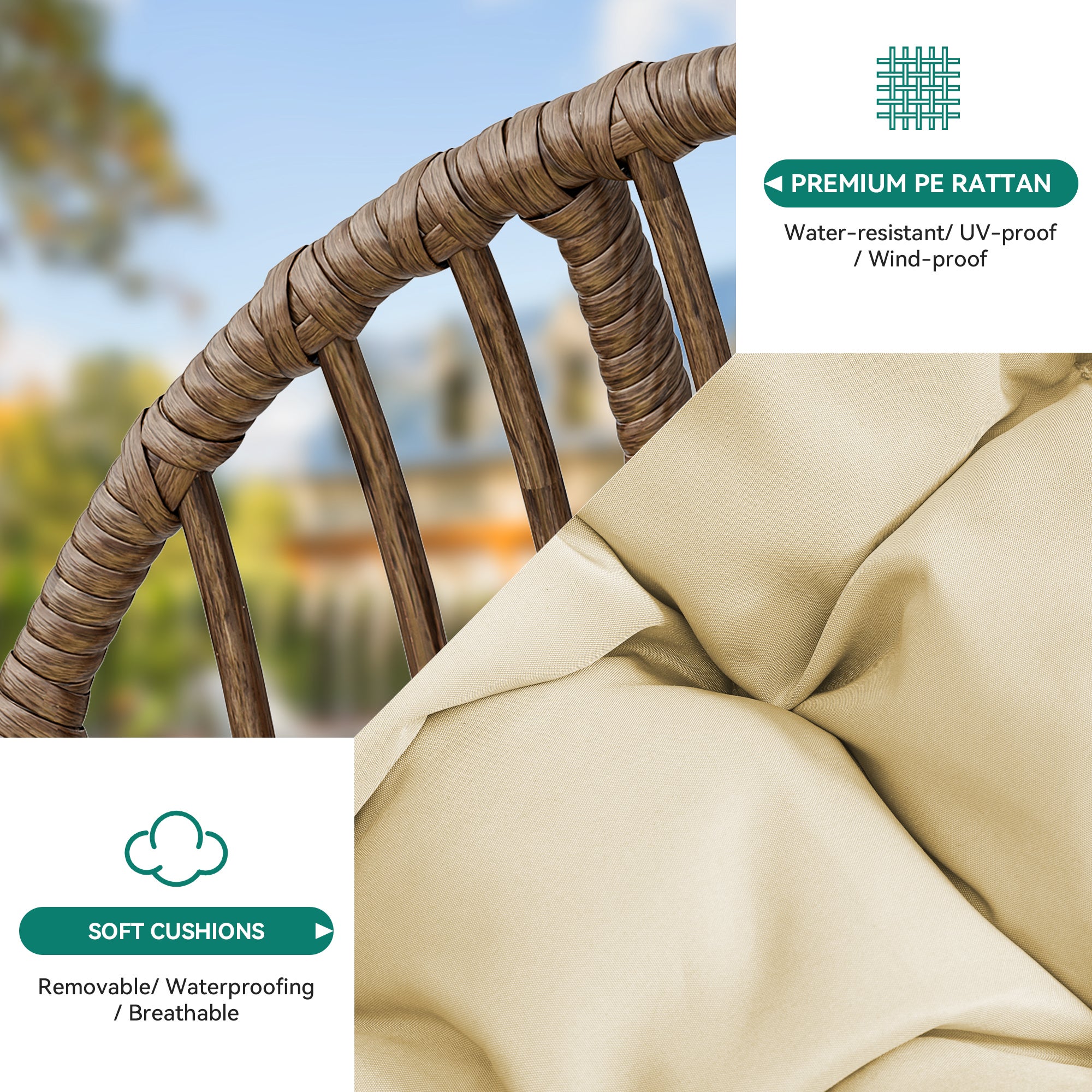 BALCONERA Fauteuil suspendu suspendu en forme d'œuf, charge maximale 150 kg, avec coussin et porte-gobelet - 3