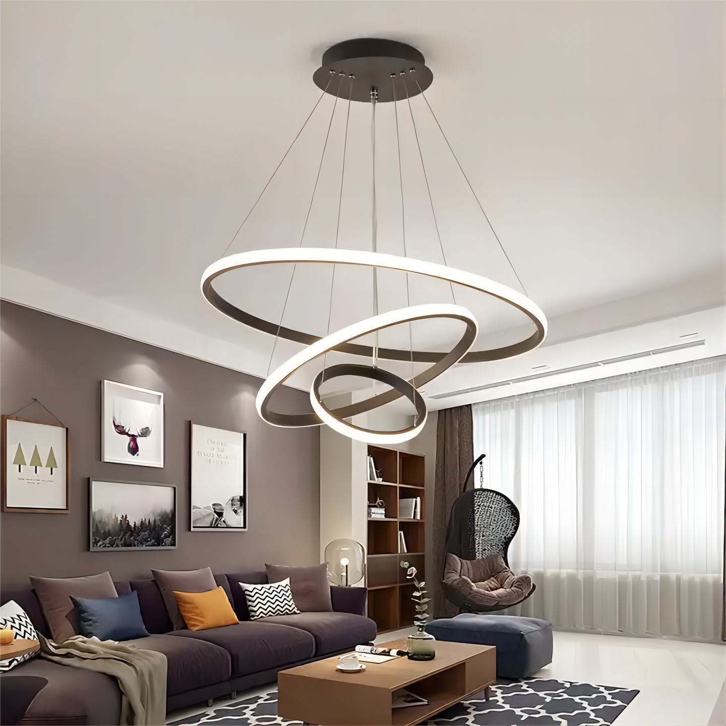 Suspension Lustre LED 76W Aiskdan, Noir, Aluminium, Dimmable, 60*60*85 CM, Pour Salon - 11