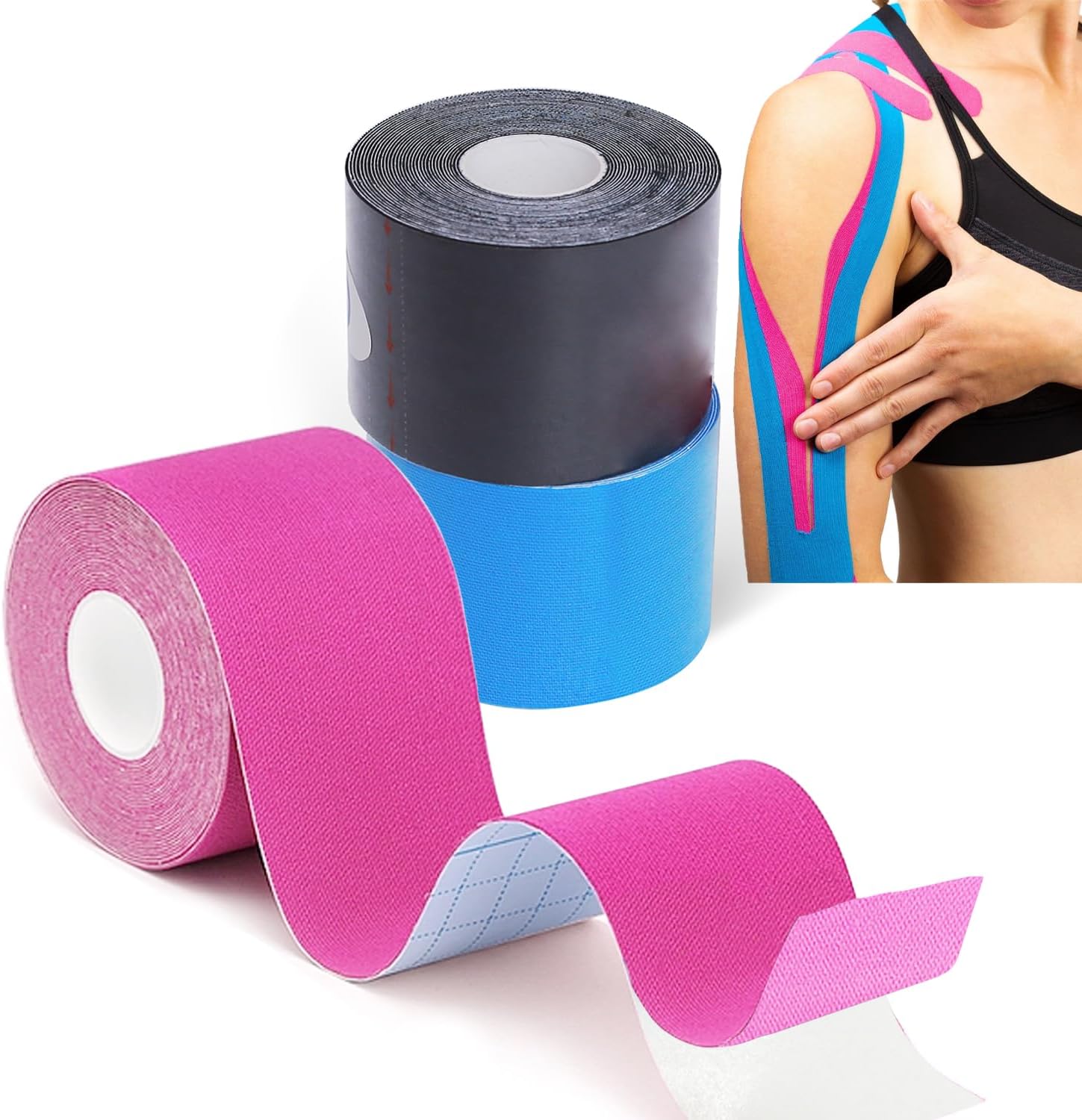 Ruban Kinésiologie Sport 3 Rouleaux - 5cm X 5m - Noir, Bleu, Rose - Coton