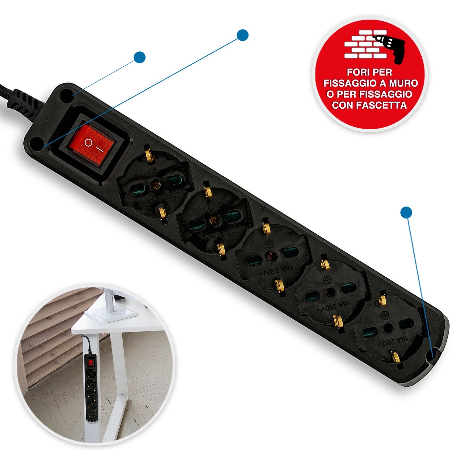 Multiprise italienne 5 schuko + 10/16A. Avec interrupteur, câble 1m et fiche 16A - 3
