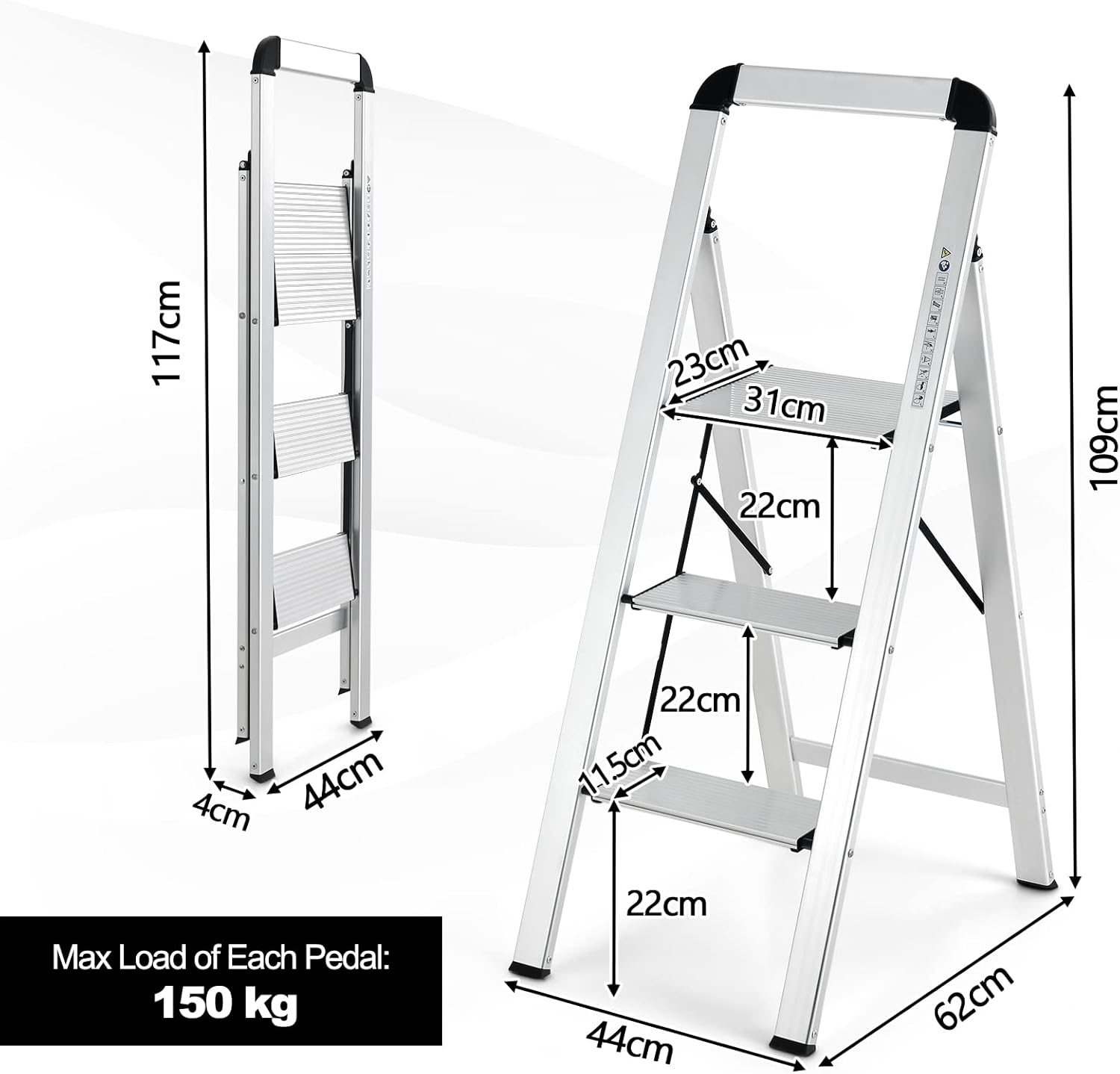 Escabeau Pliable à 3 Marches 62x44x109 cm, Échelle Pliante avec Cadre en Aluminium Robuste et Léger, Marches et Pieds Antidérapants - 6