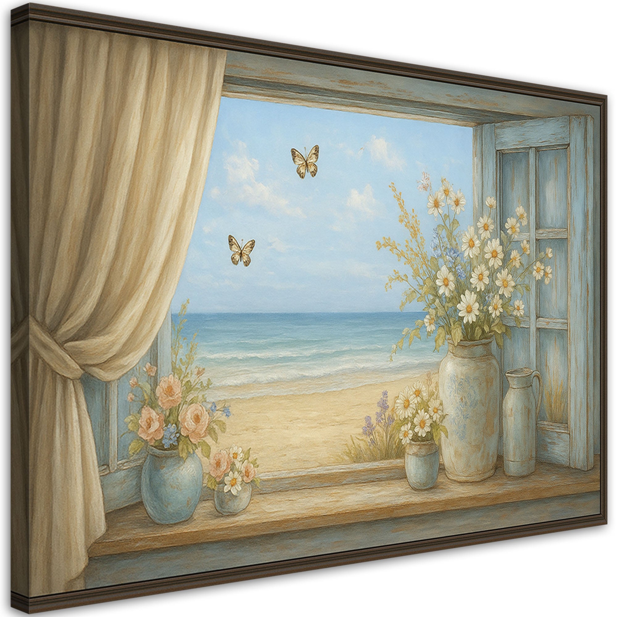 Obraz do salonu sypialni, Widok z okna na plażę Shabby Chic 60x40