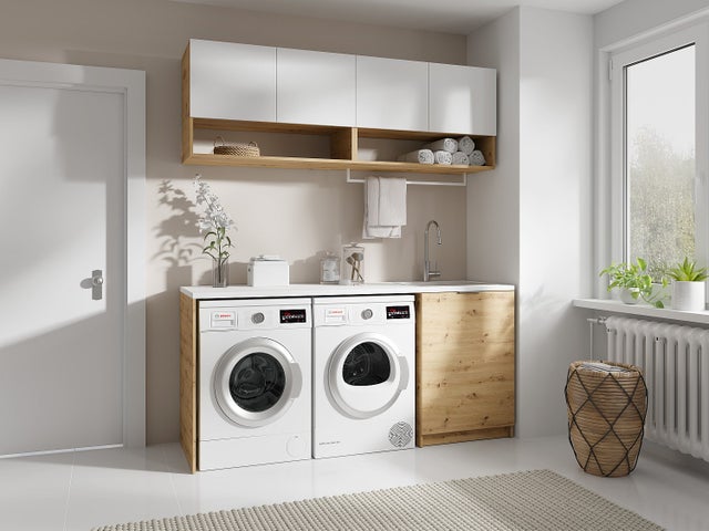 Muebles para el cuarto de la lavadora con encimera - 182 cm de ancho - blanco y natural claro - NATAJI