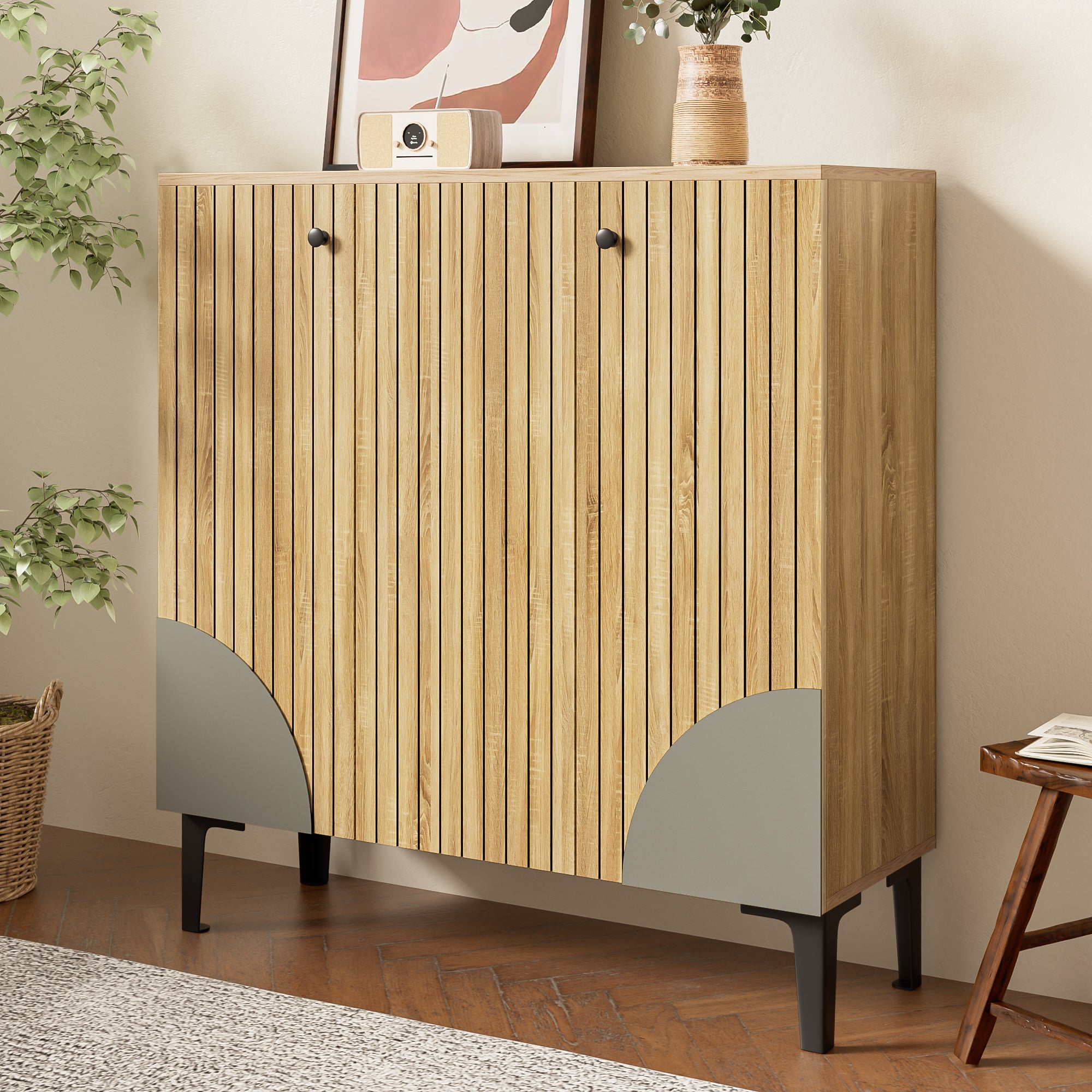 Szafka na buty z 3 drzwiami - 90 x 32 x 94 cm - Płyta wiórowa i czarne nogi z tworzywa PVC - Kolor drewna - 3