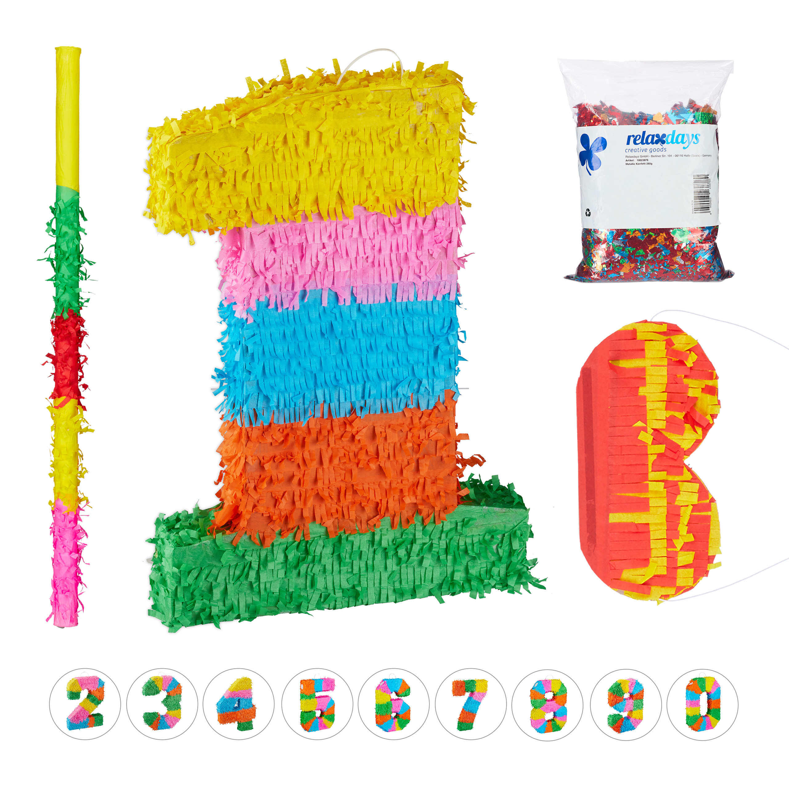 Relaxdays set de piñata cumpleaños número 1, palo, antifaz y confeti, papel, multicolor, 50 cm de largo