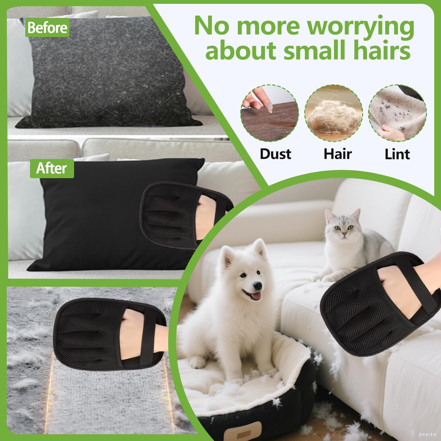 Luvas removedoras de pelos de animais de estimação para cães e gatos - remoção de pelos por eletricidade estática - para sofás, tapetes, assentos de - 6