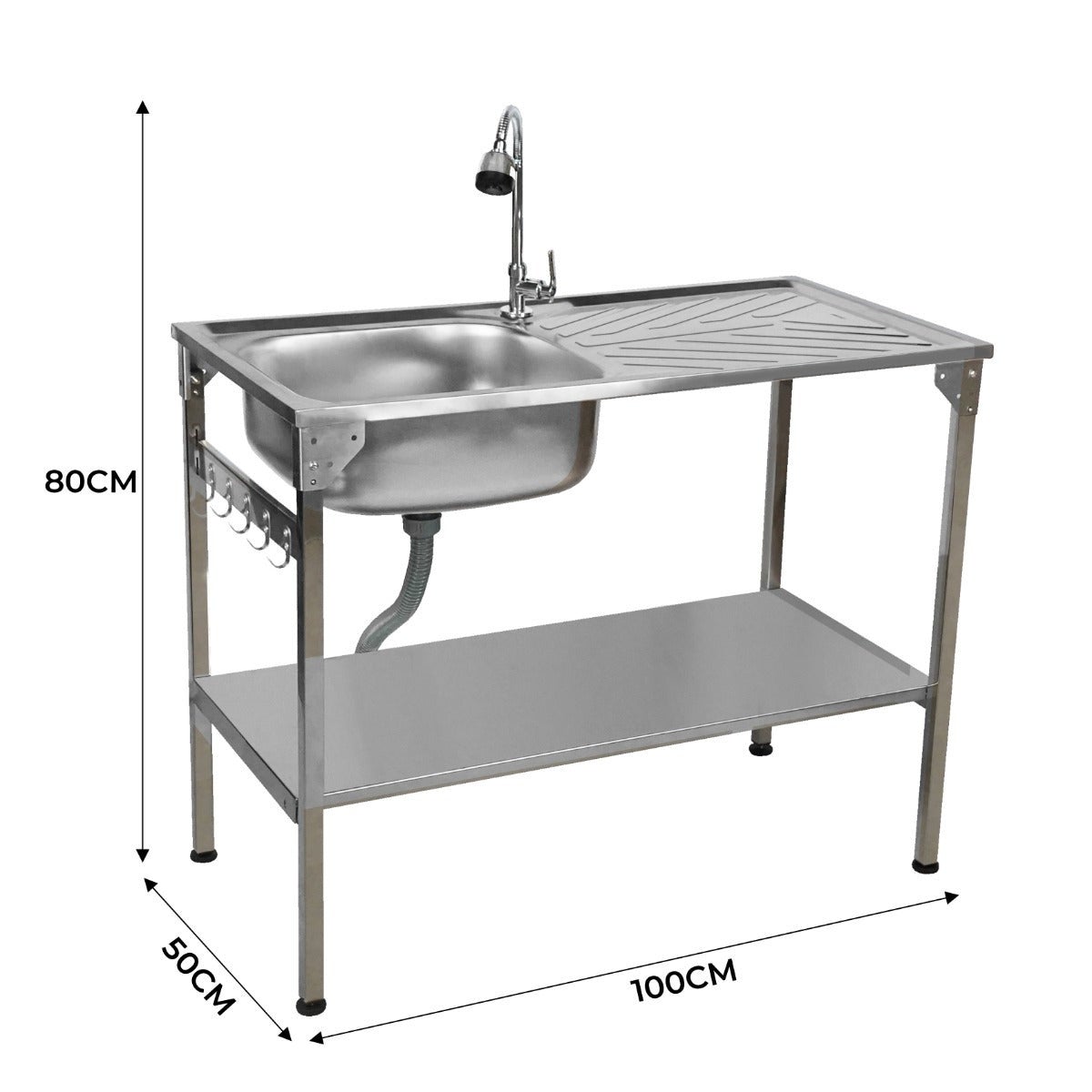 Évier de Camping sur Pieds Pliant en Acier Inoxydable- Glamping Jardin Extérieur- Égouttoir à Droite, Robinet Flexible, - 5