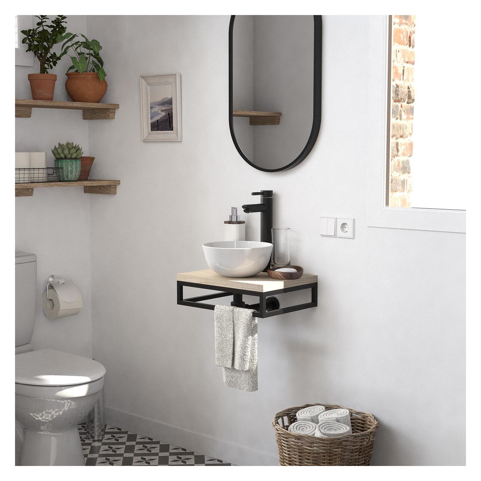 Meuble lave-mains SOHO plan fin et porte serviette dessous vasque blanche - 7