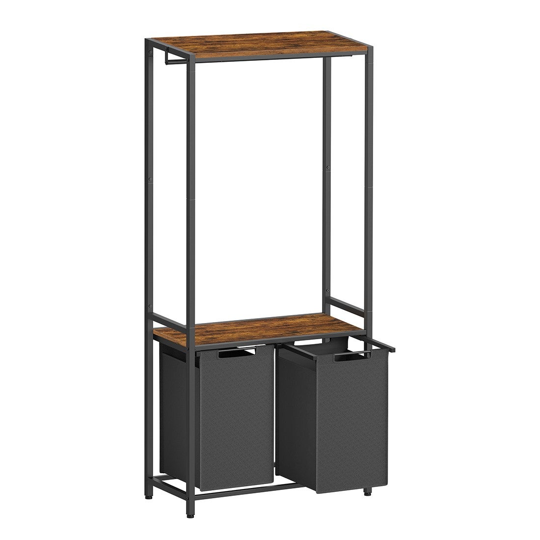 Mueble con cesto doble para ropa sucia, barra colgante, estante superior, 2 bolsas extraíbles y desmontables de 46 litros cada una, marrón rústico